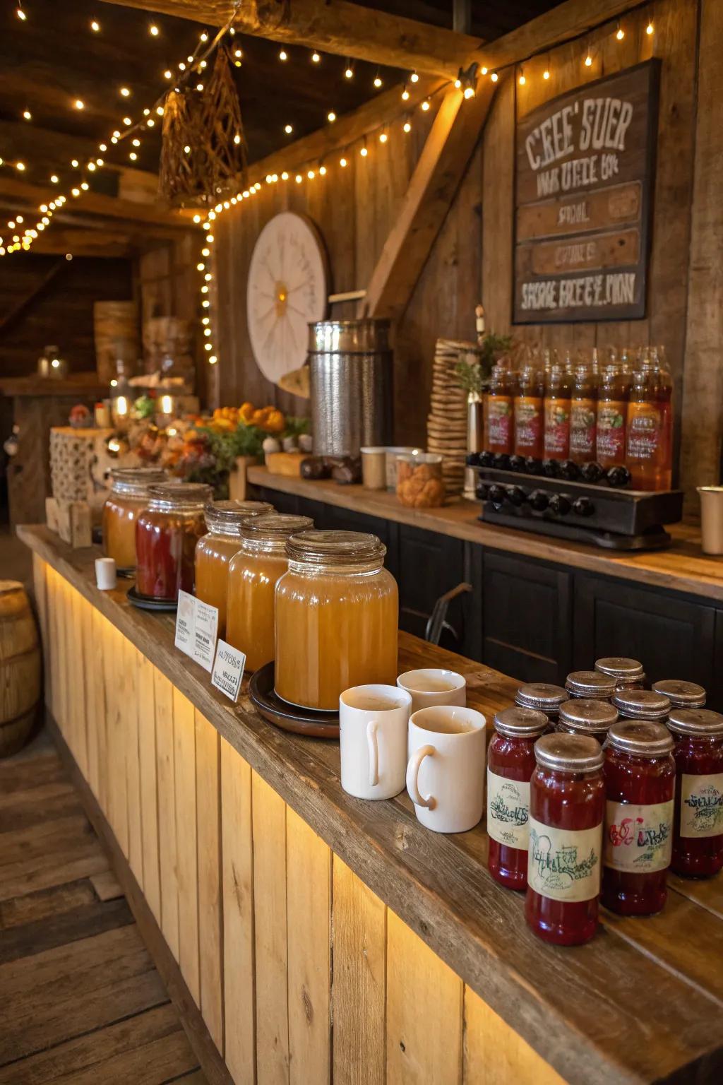 An inviting apple cider sampling counter, ideal for autumn