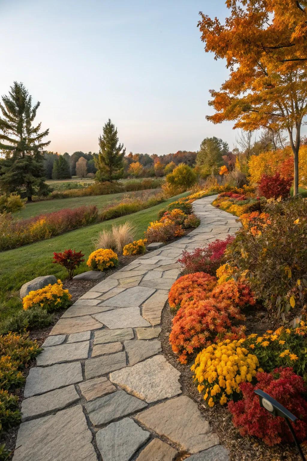 Accent walkways with fall flora for added structure.