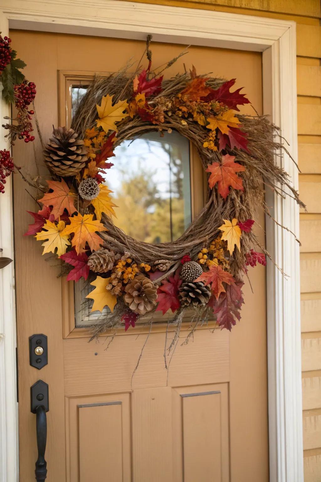 A welcoming wreath fashioned from the intrinsic components of autumn.