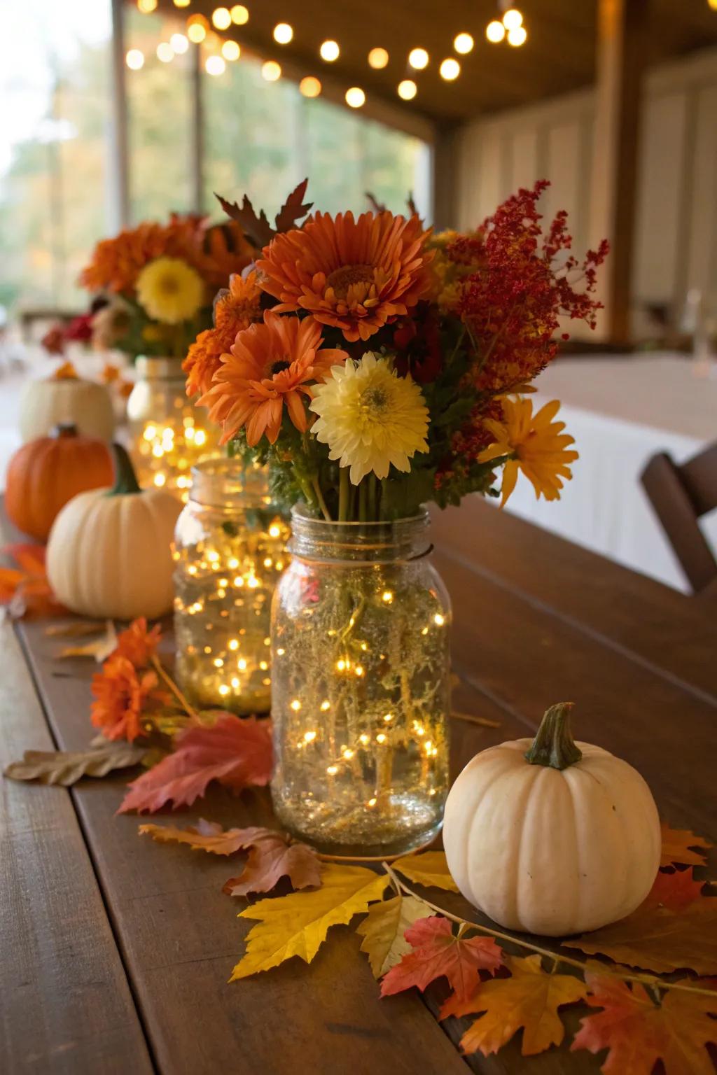 Preserving jars housing fairy lights and autumnal blooms append countryside appeal to the wedding style.