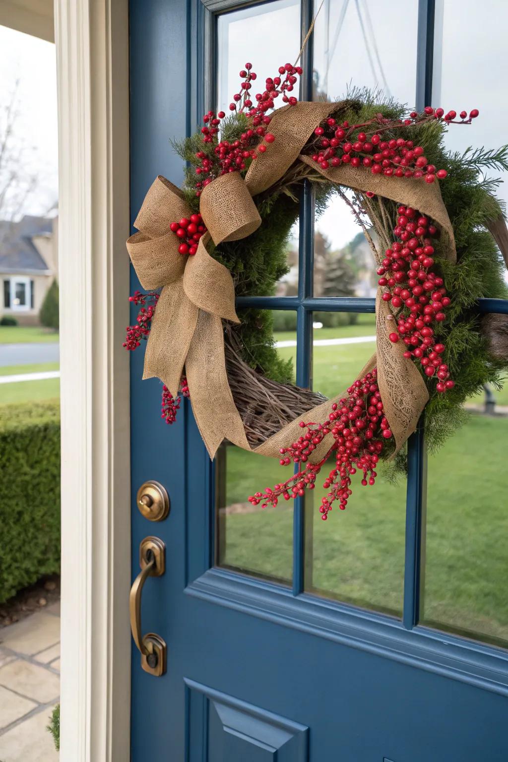 Hessian and berries fashion an enchanting seasonal wreath.