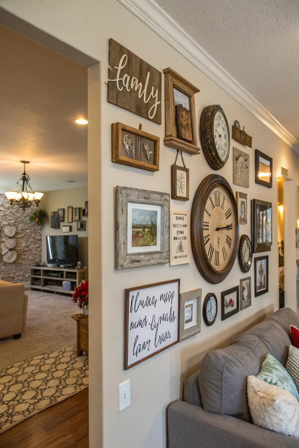 An appealing combination of frames and decor components fashioning an engaging family wall.