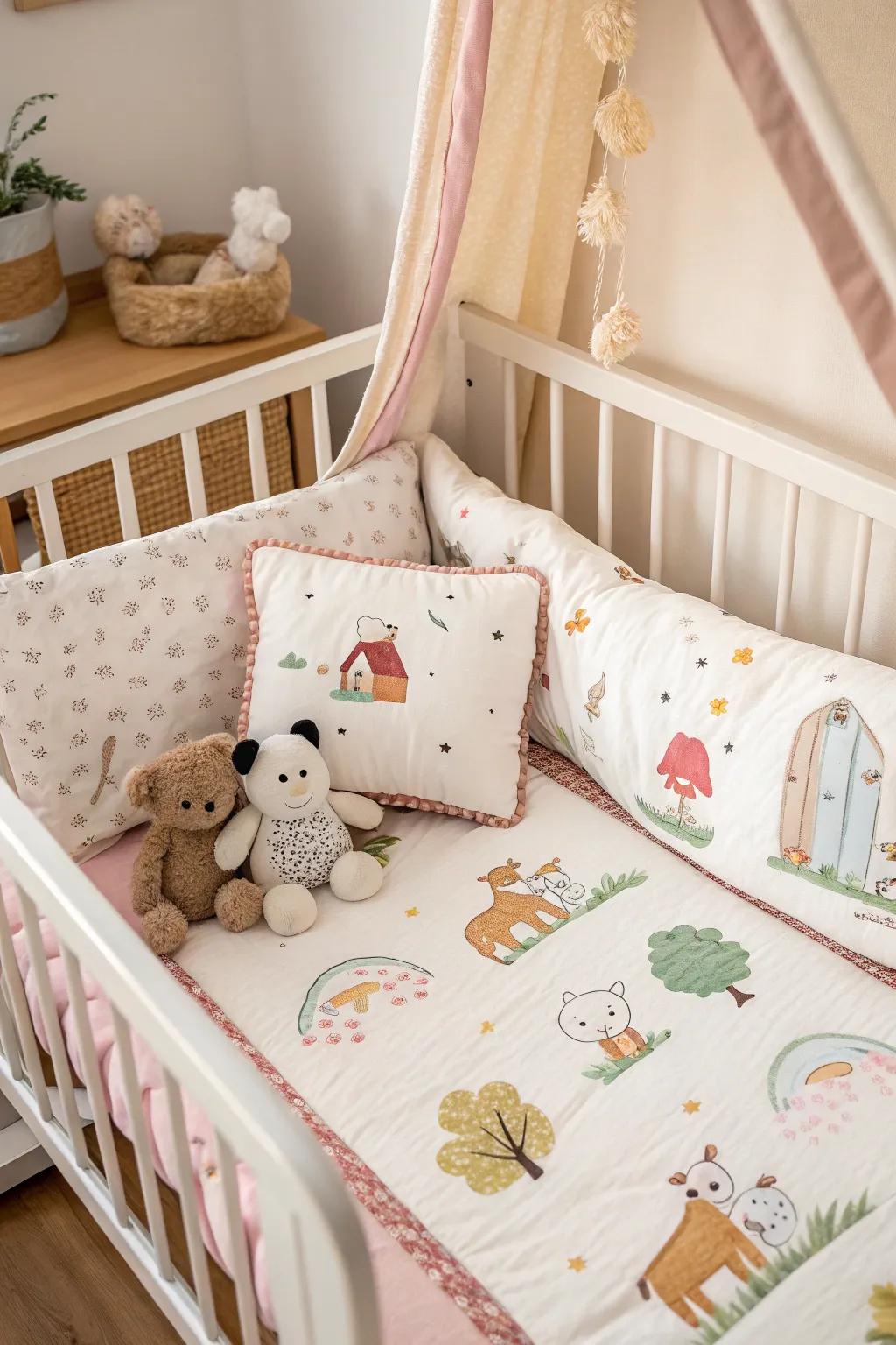 Barnyard creature bedding introduces a cozy element to your baby's room.