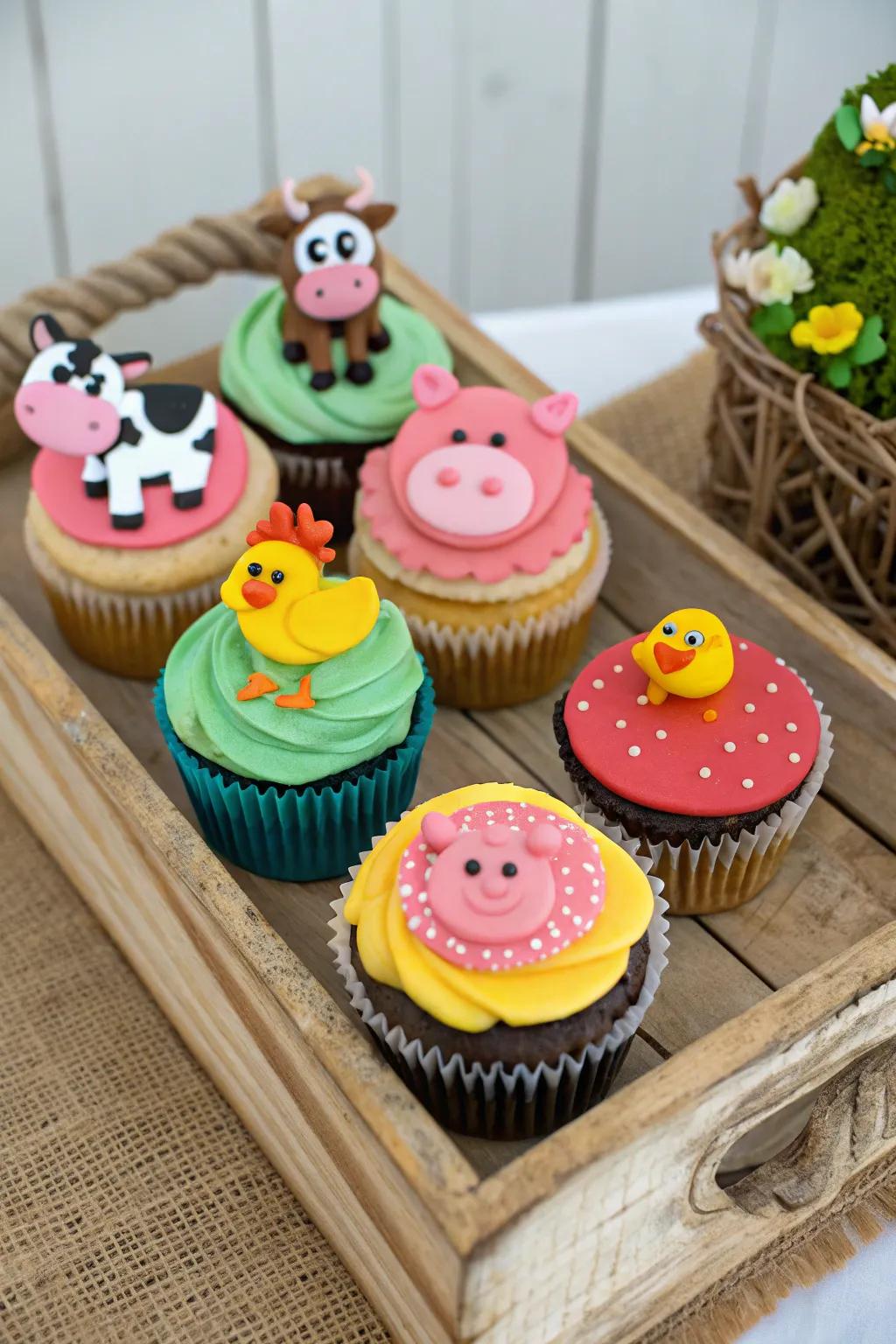 Cupcakes adorned with delightful rural creature ornaments create a sugary indulgence.