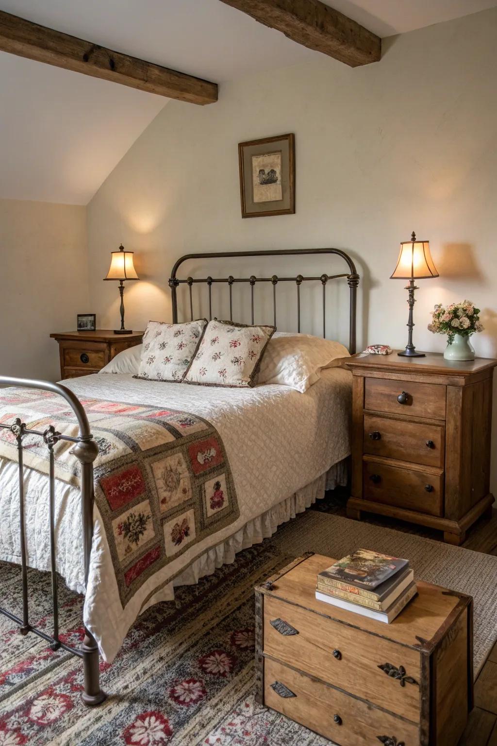 Timeworn furniture selections enrich the bedroom with historical appeal.