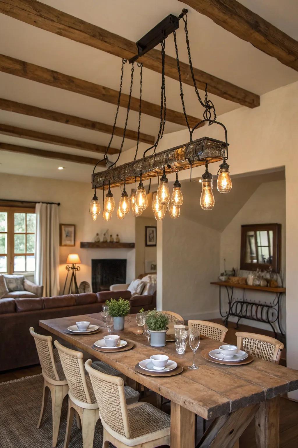 Filament bulbs add a nostalgic shine to the dining room.