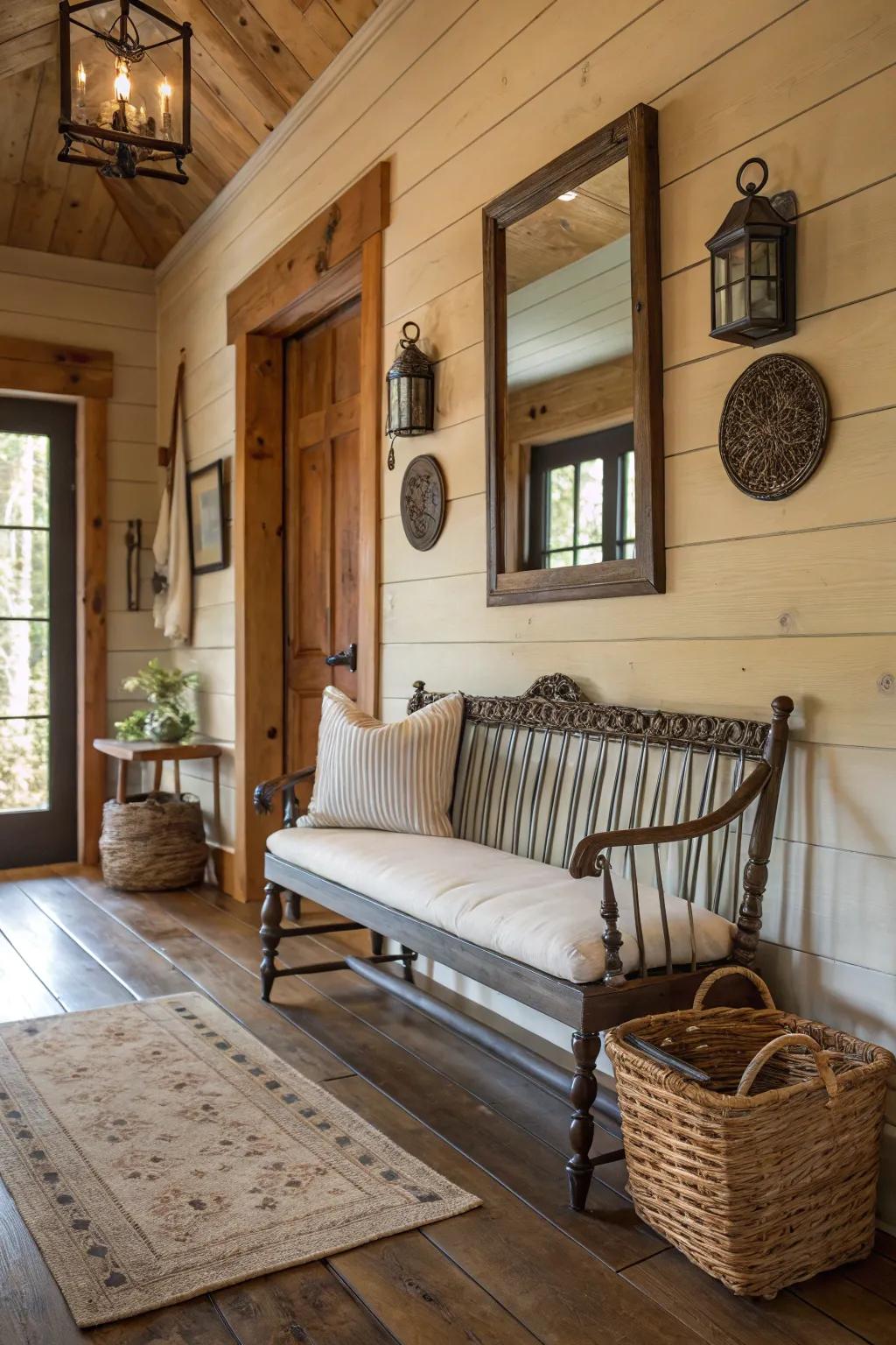 A sophisticated spindle-back bench acts as a focal point in a farmhouse entryway.