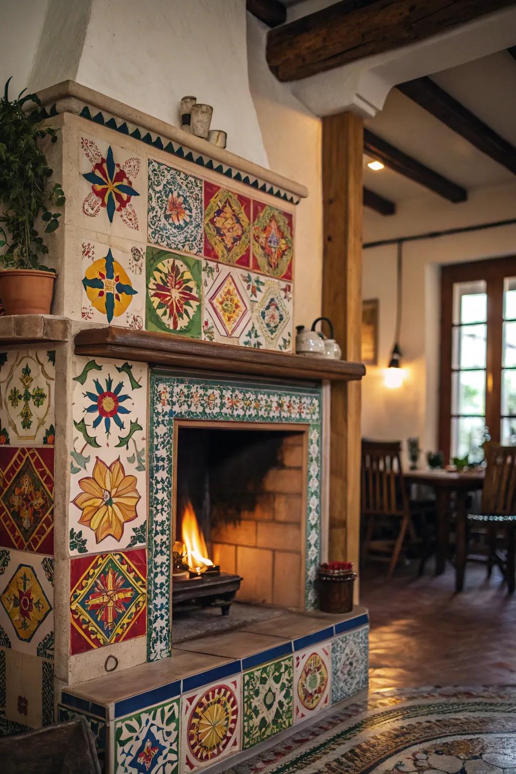 Ornate tiles lending character to a farmhouse fireplace.
