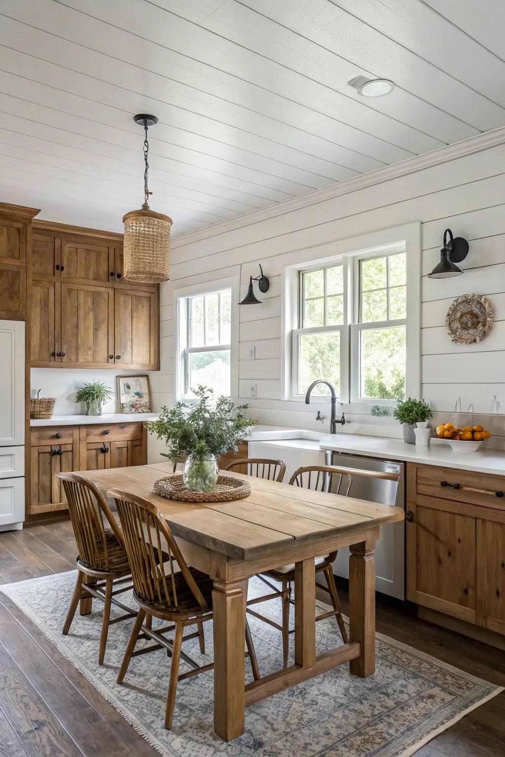 A country-style kitchen featuring a white shiplap backsplash for a countryside appearance.
