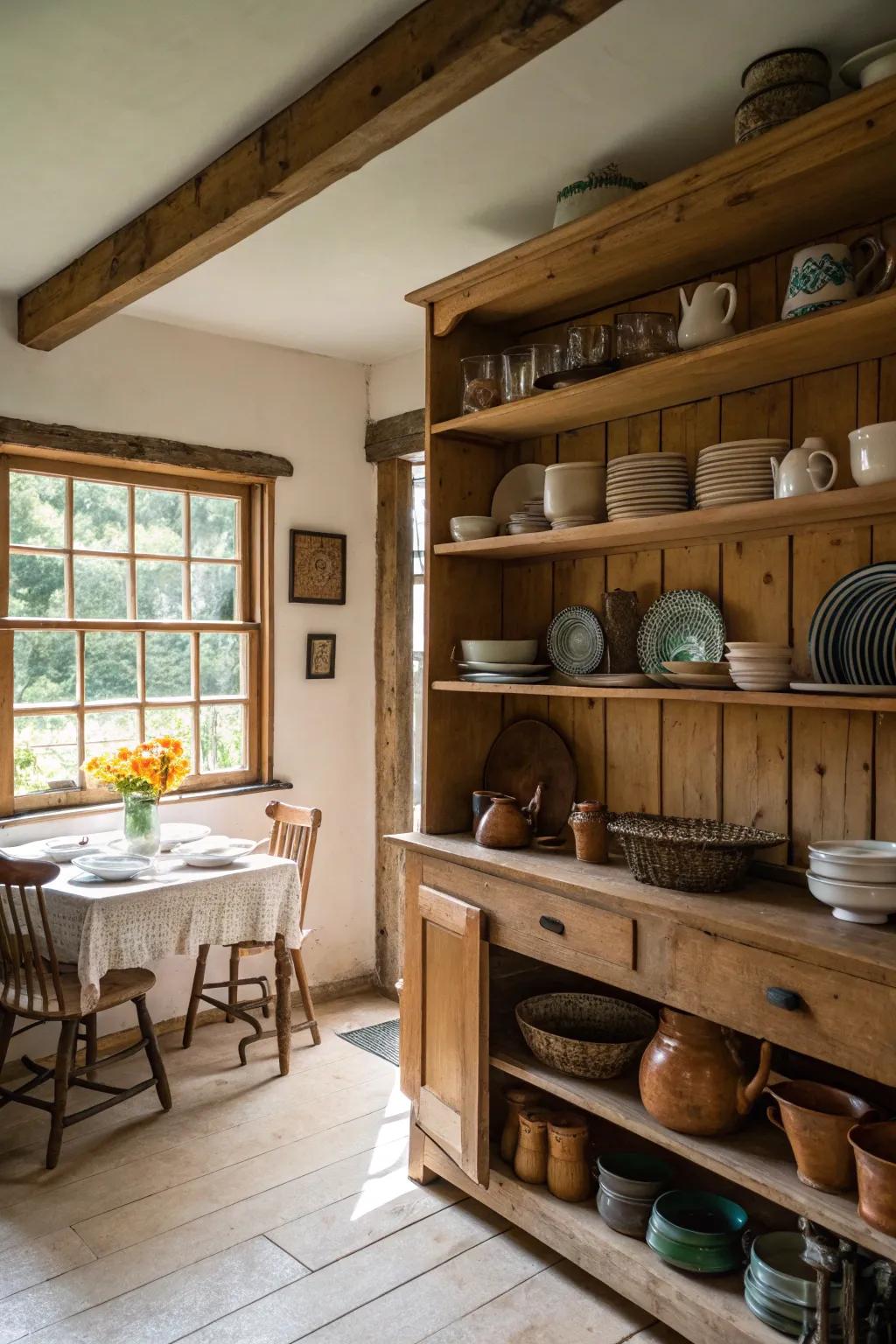 A farmhouse kitchen showcasing open wooden display fixtures adorned with dishware.