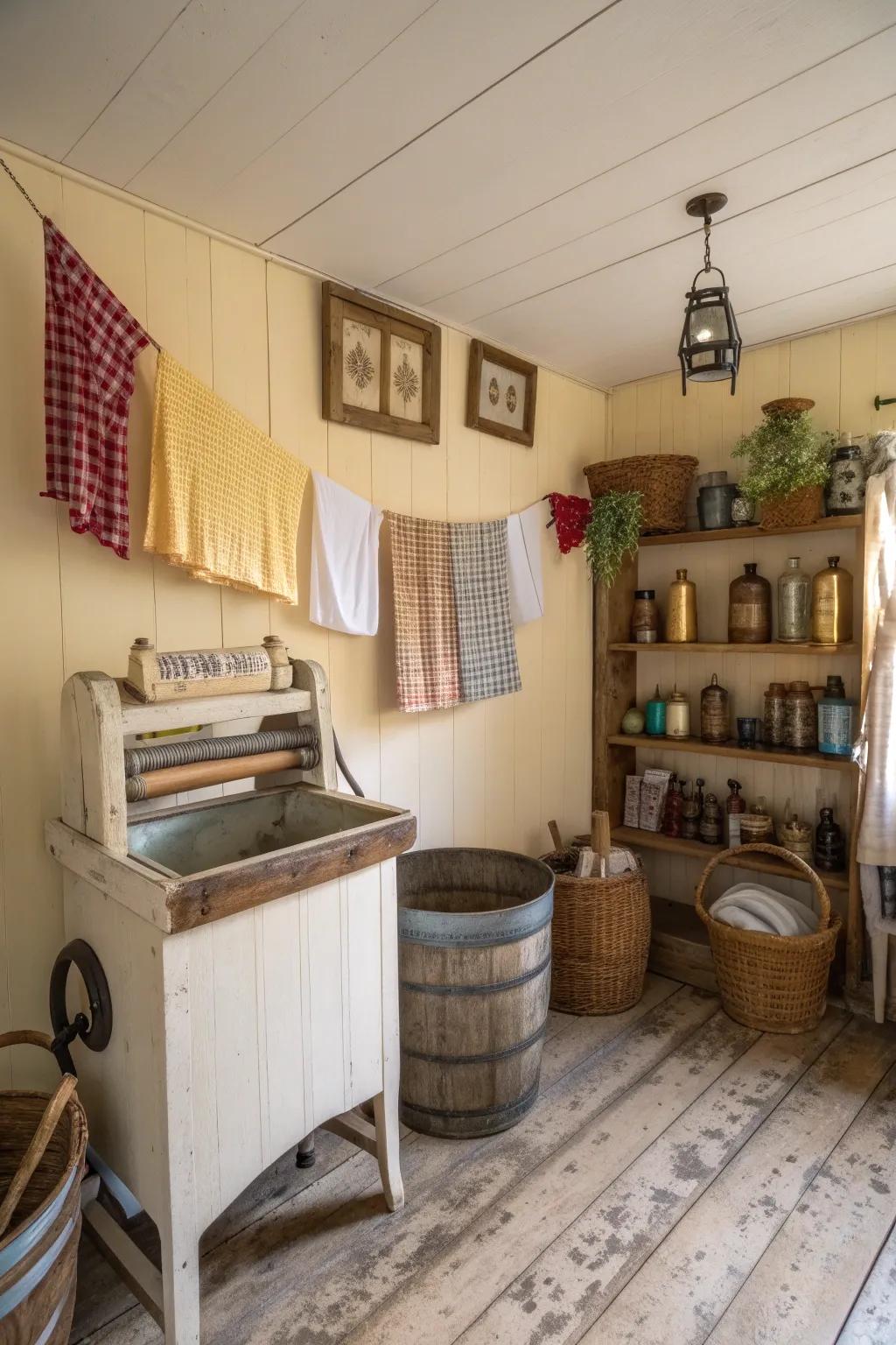 Classic plaques add character and allure to this cozy laundry space.