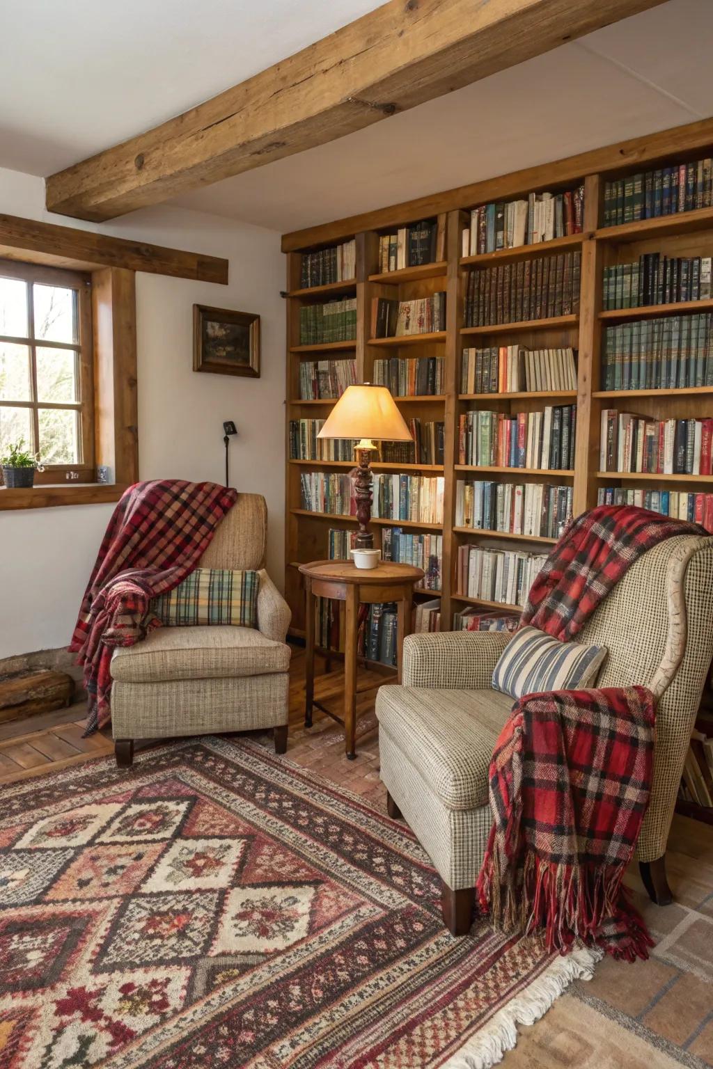 Comfortable textiles like plaid throws and rugs contribute to the library's warmth.
