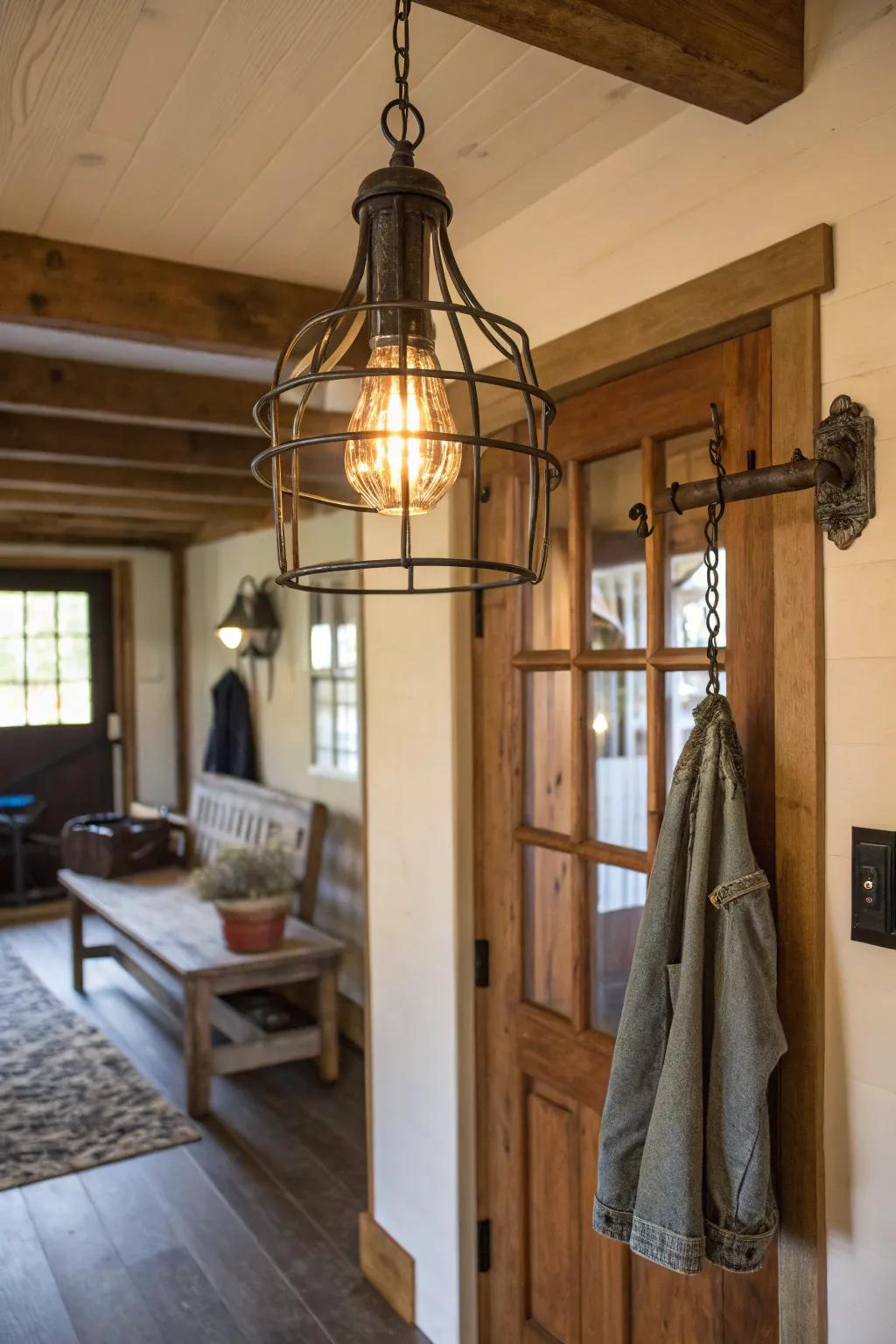 Caged lighting makes a striking impression.