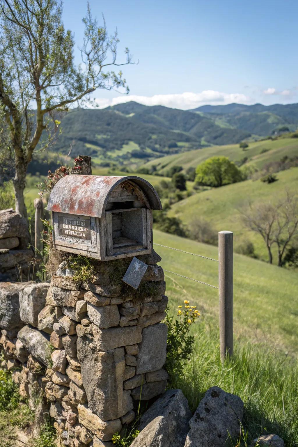 A farmhouse mailbox elegantly housed within a meticulously crafted stone surround.