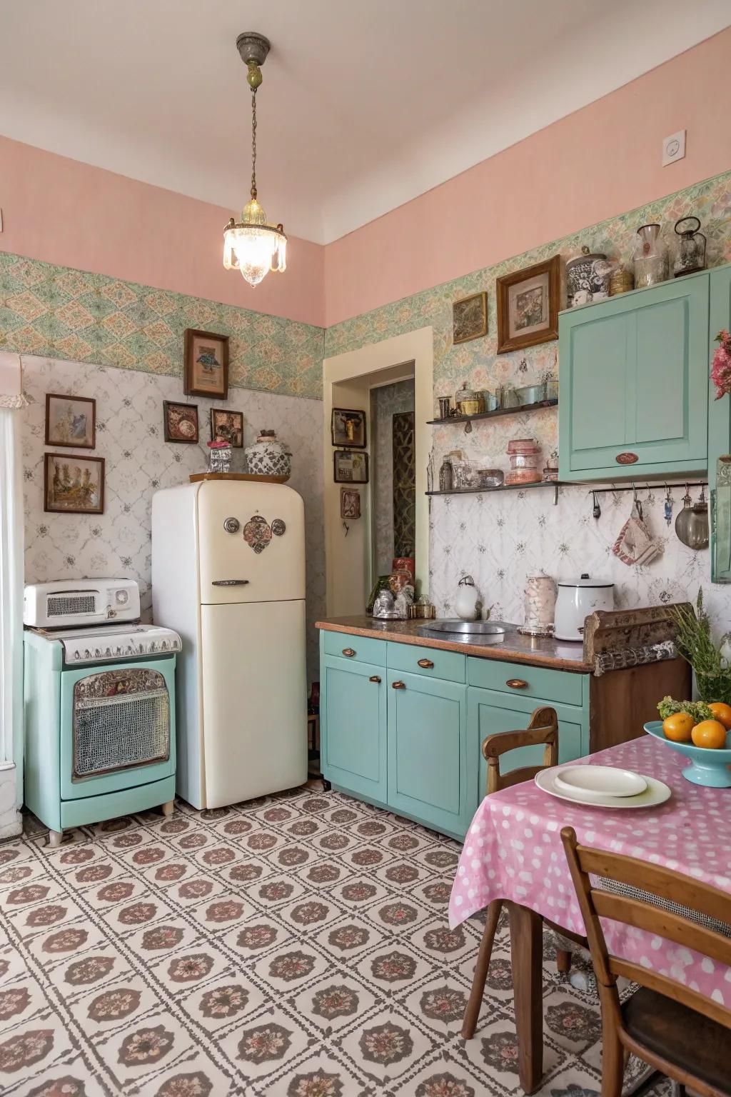 Subdued pastels illuminate this farmhouse culinary space.