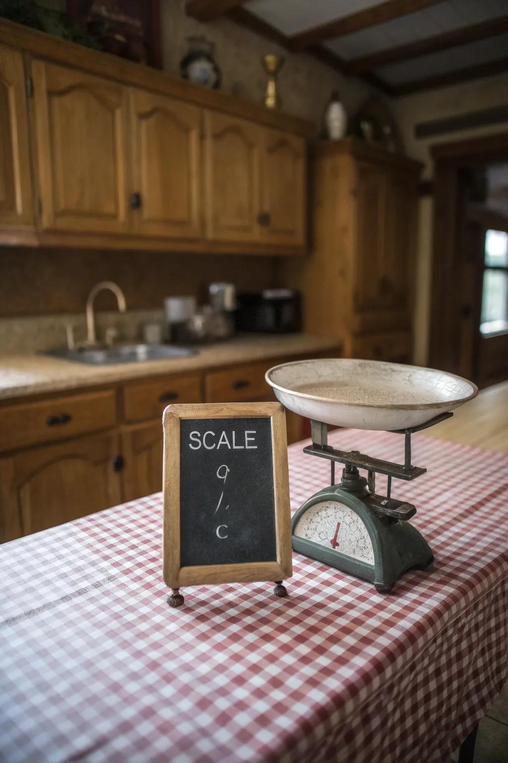 Personalized blackboard signal displayed on a vintage scale.