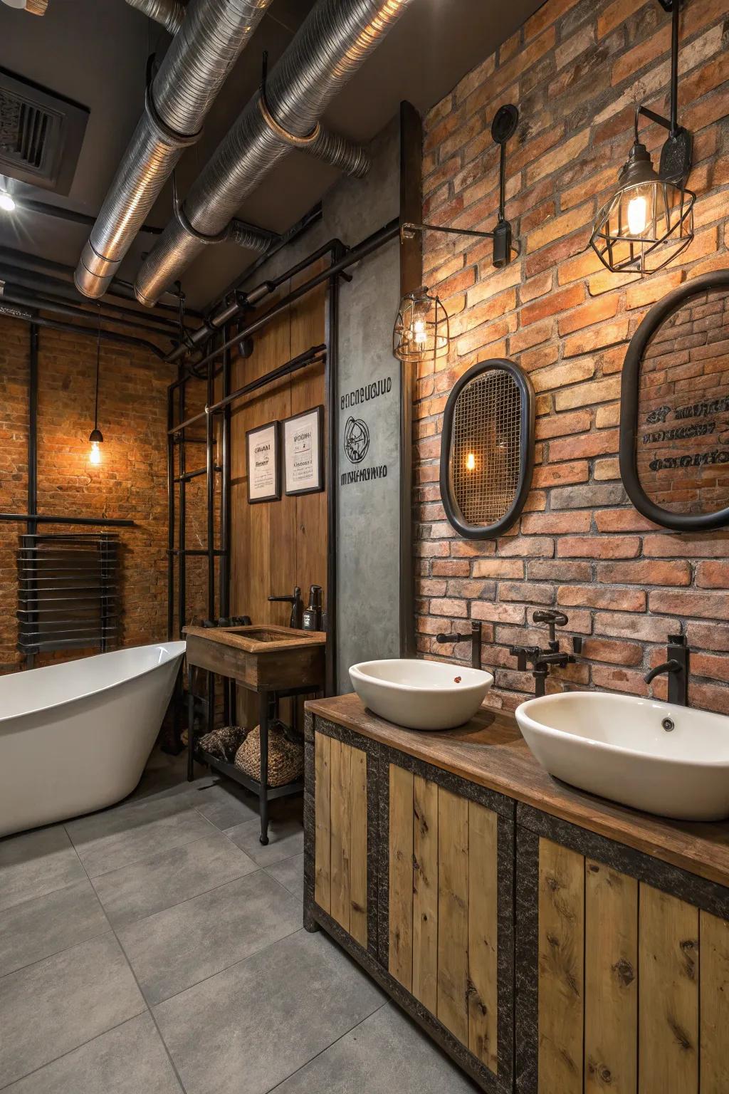 Industrial-inspired fittings contribute a note of homespun allure to this bathroom.