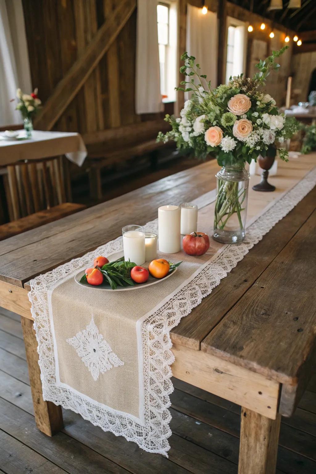 A burlap and lace runner contributes texture and elegance to your farmhouse table.