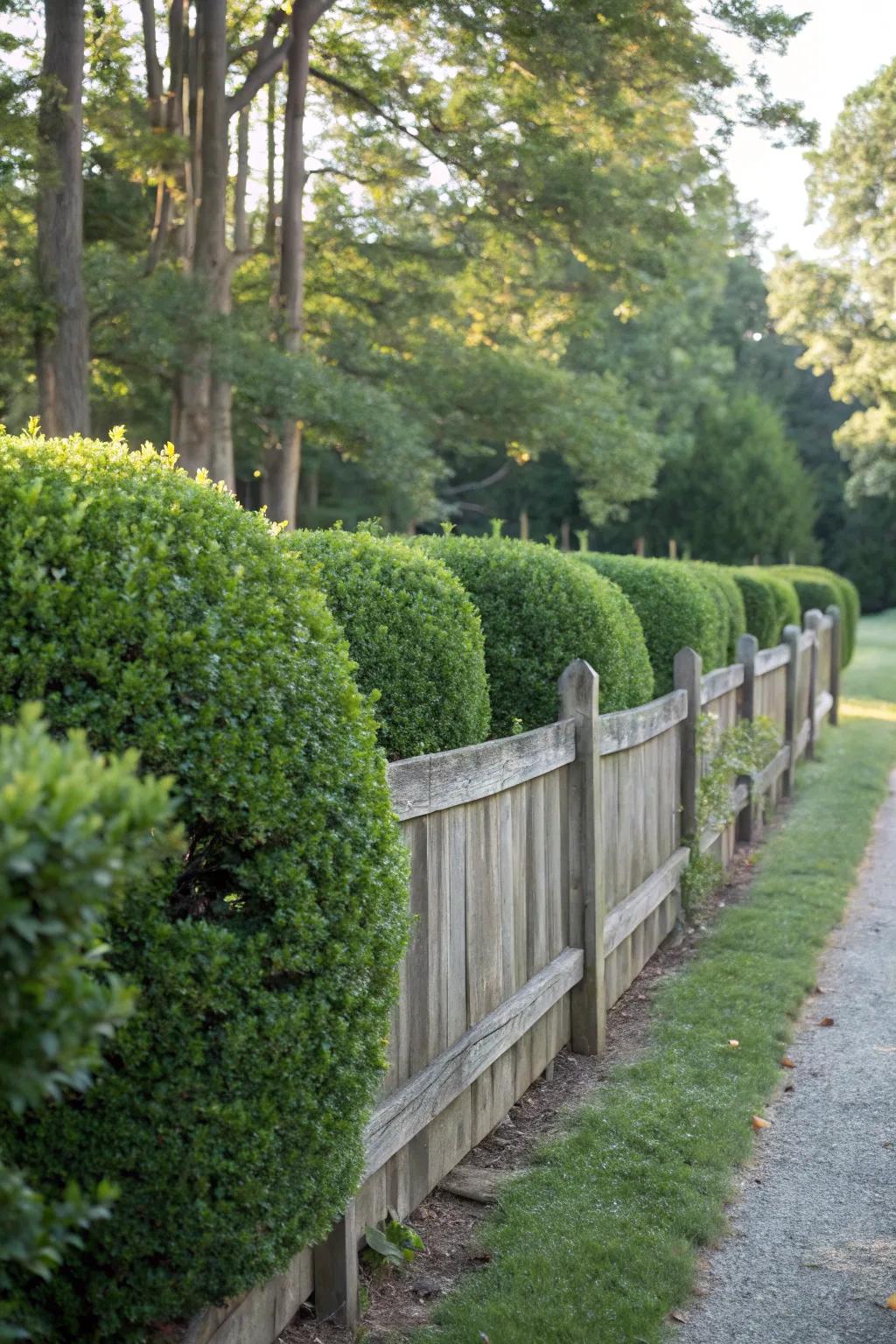 A hedge wall delivers consistent privacy and greenery throughout the calendar.