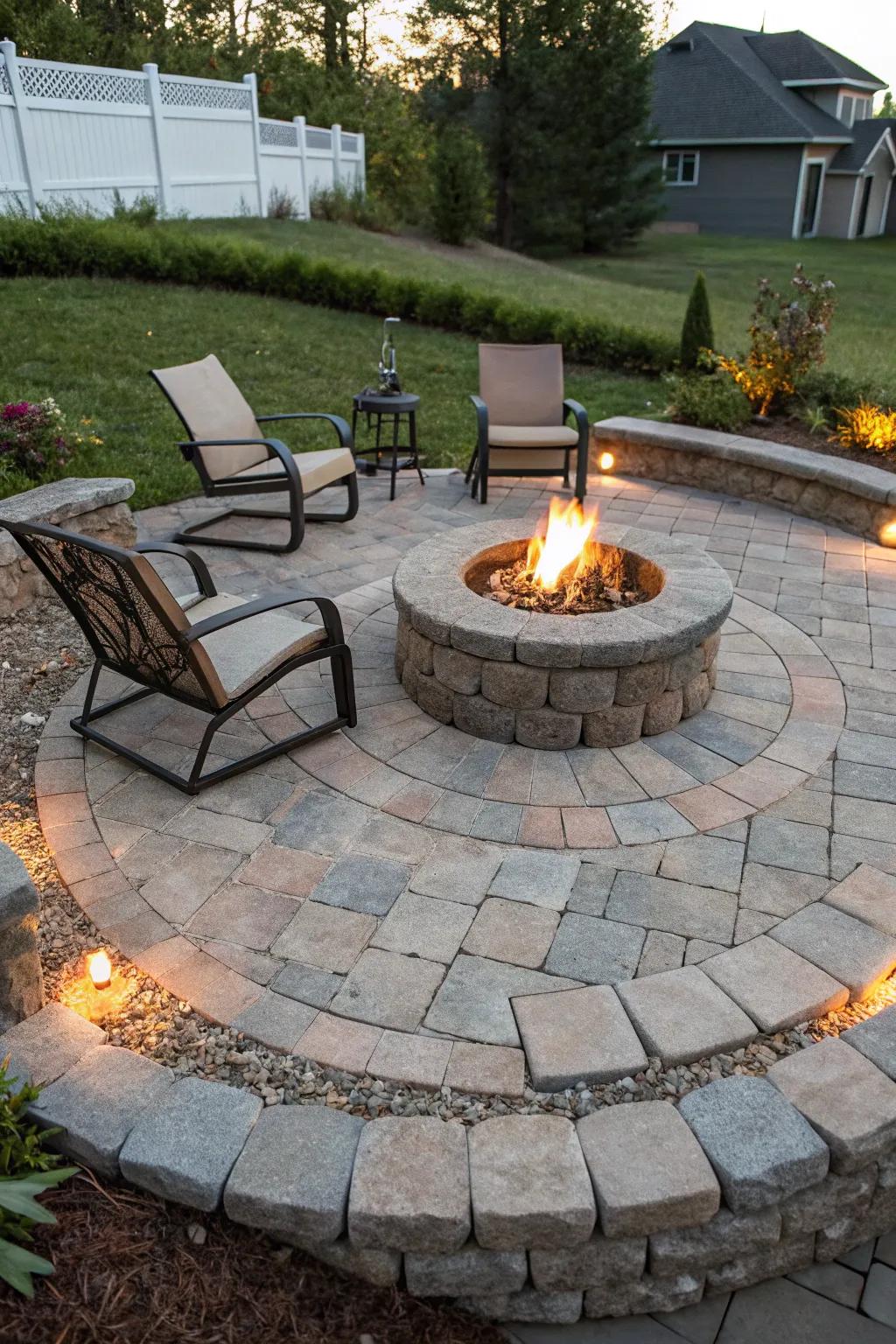 Paver stones fashion a pristine and sophisticated fire pit section.