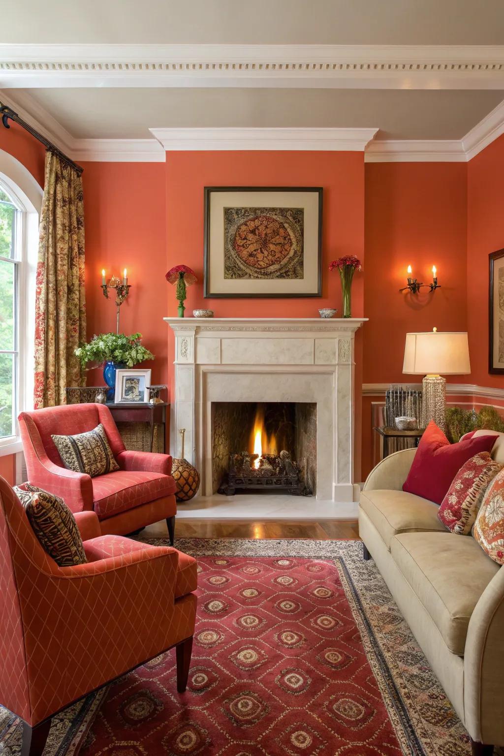 A vibrant living room with bold accent colors surrounding the fireplace alcove.