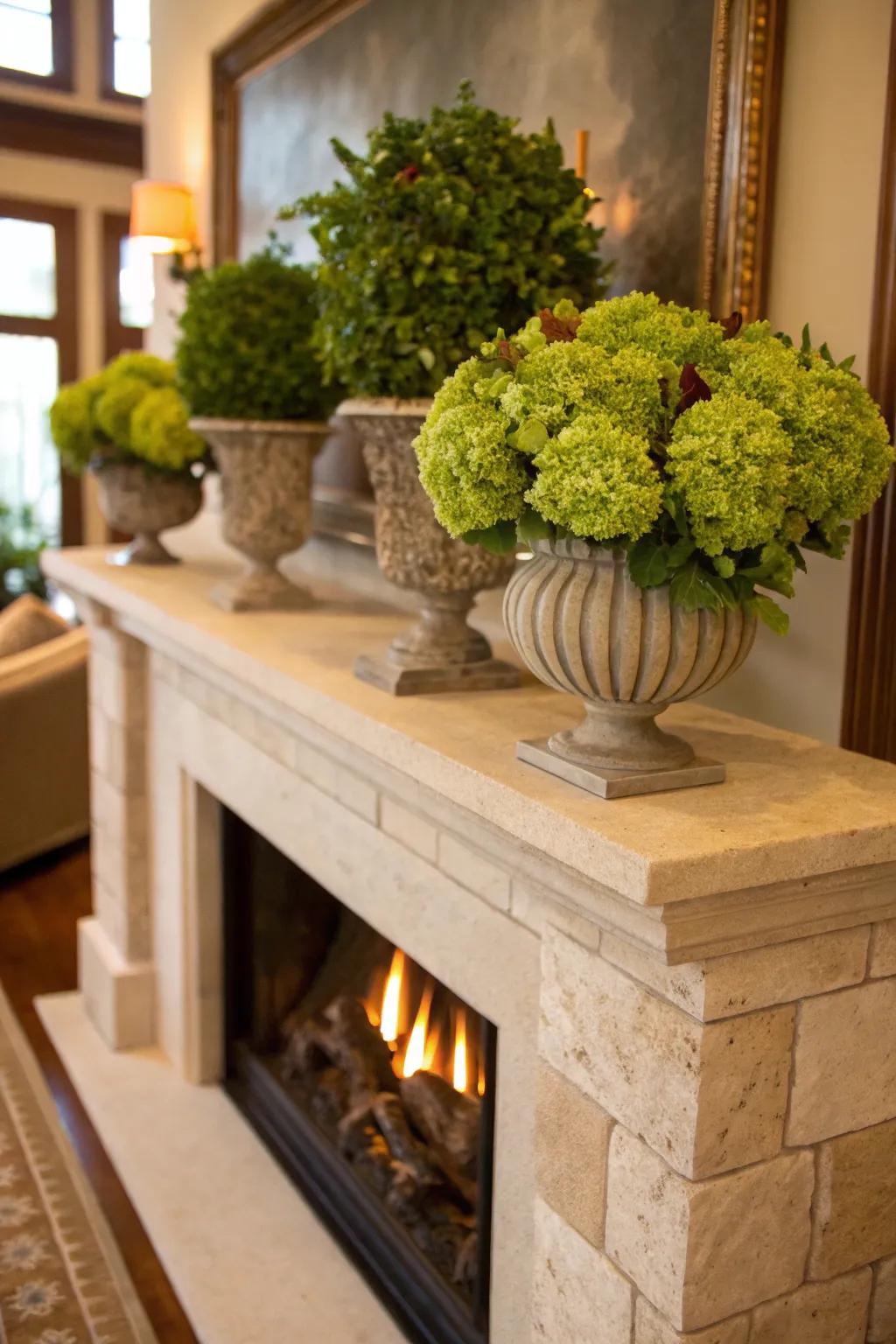 Verdant elements infuse vitality and freshness into your mantel's arrangement.