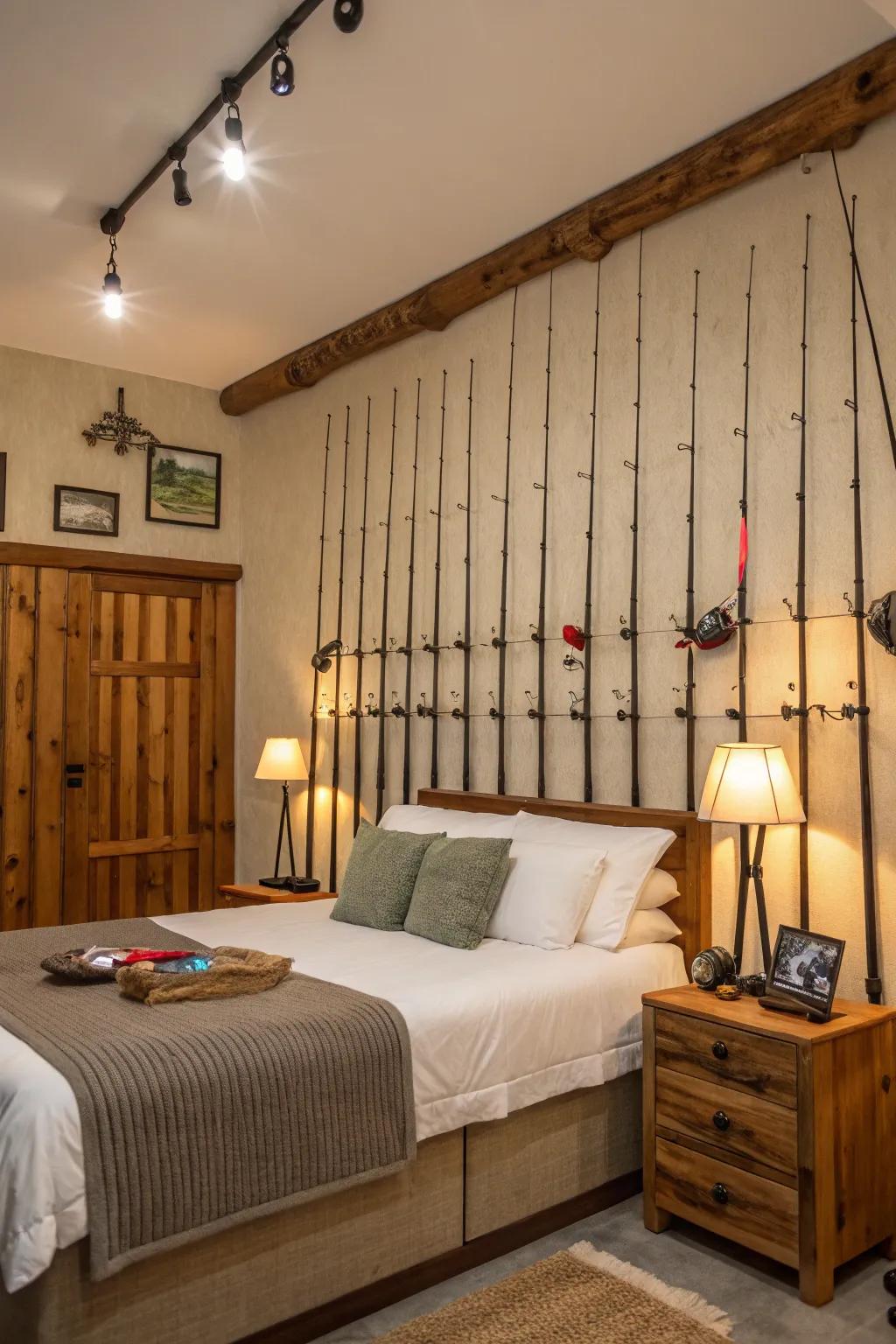 Angling rods provide a distinctive and functional wall exhibit.