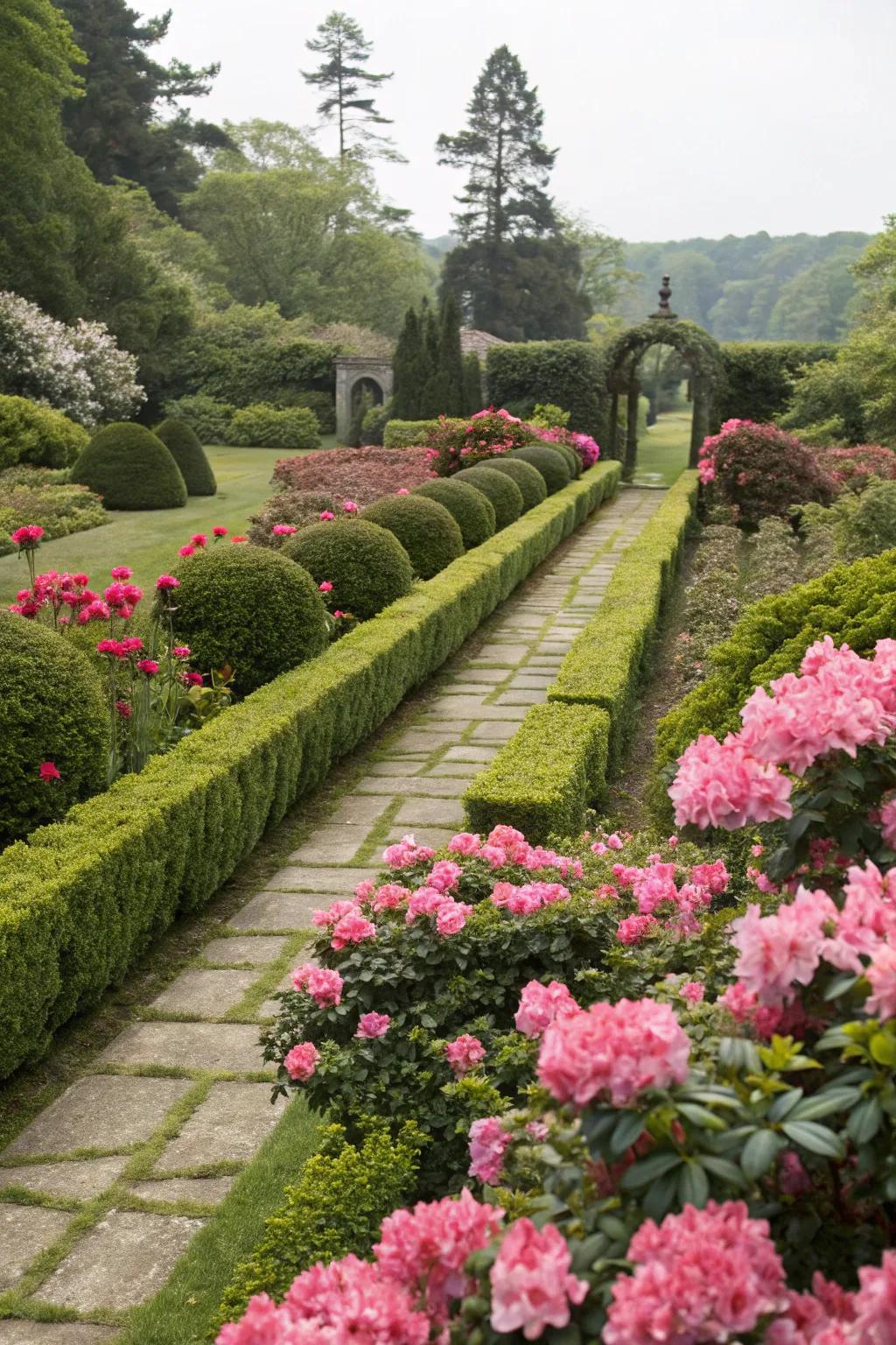 Realize a polished appearance through symmetrically arranged azaleas.