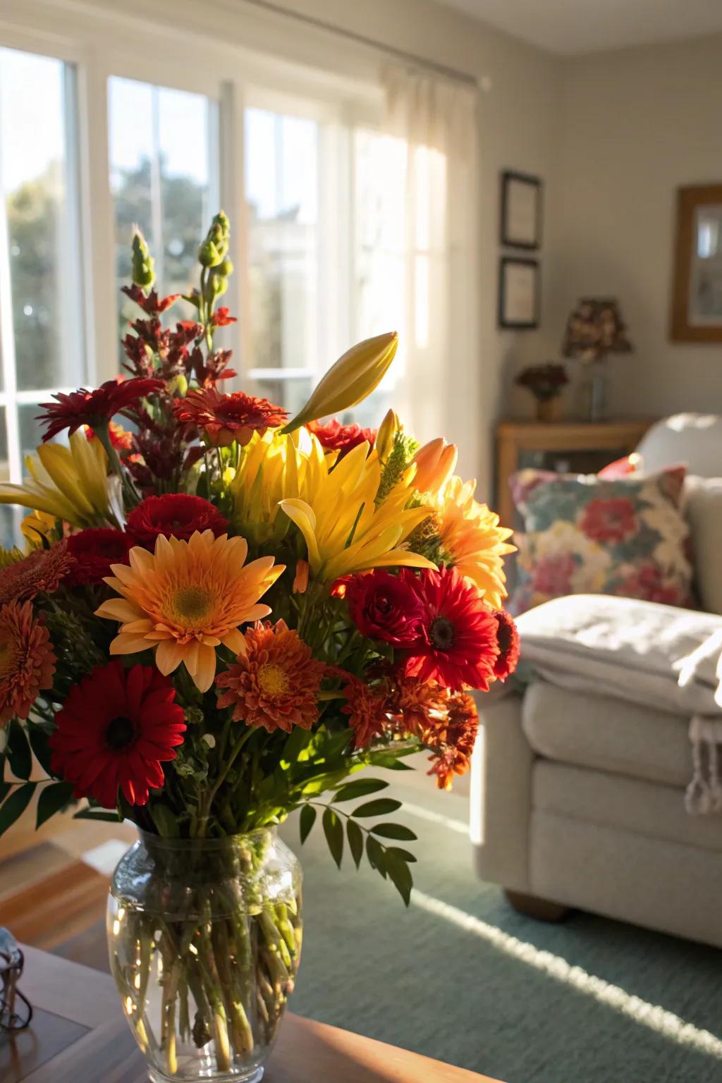A vibrant bouquet infusing a sunlit living room with lively character.