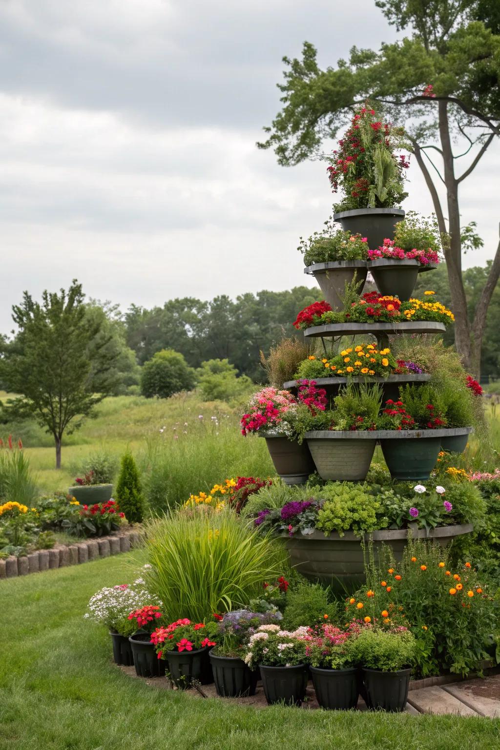 Staggered flower containers creating depth and fascination in the garden.