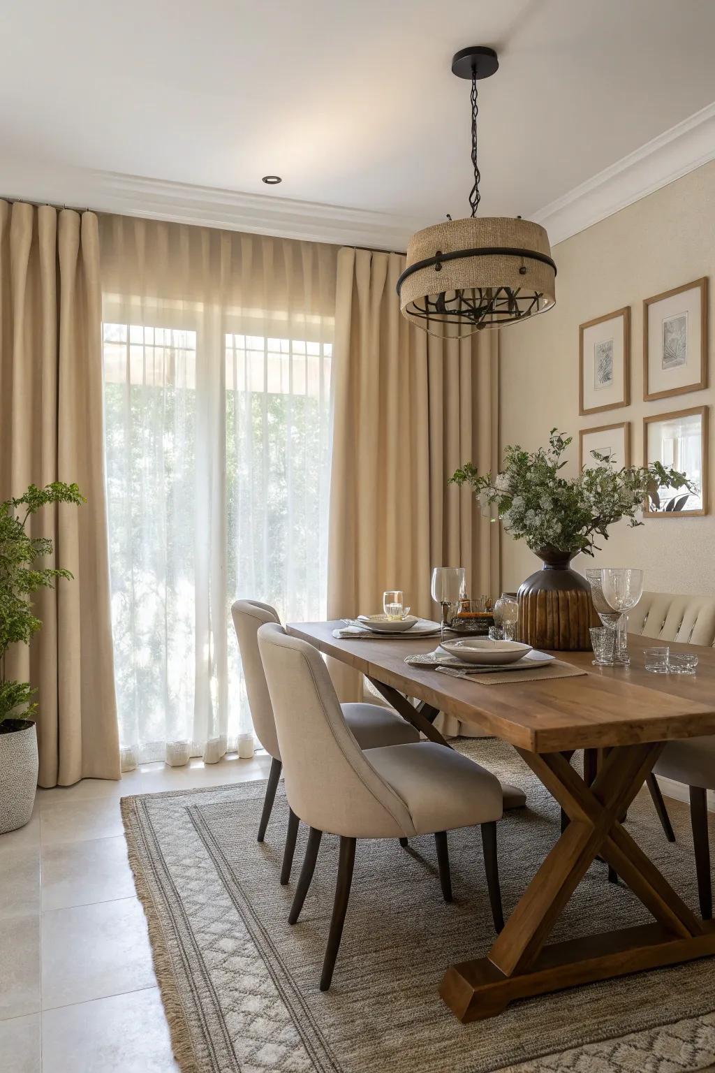 Muted beige window coverings create a timeless and elegant dining setting.