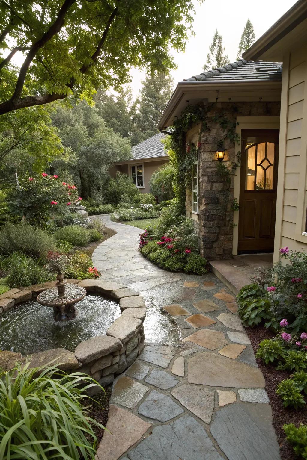 Inherent stone pavers presenting a cultivated and grounded entrance.