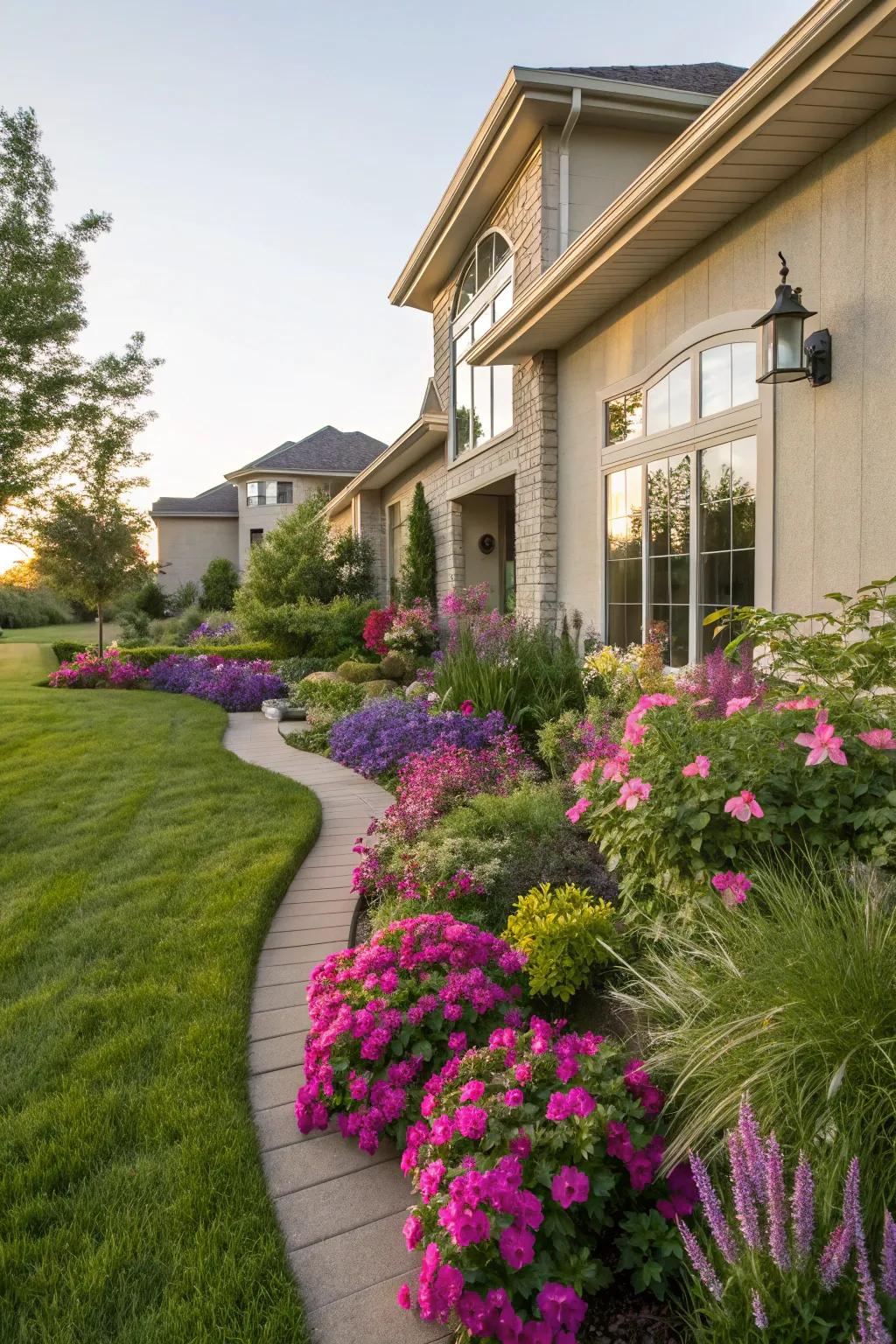 Plants chosen for color harmony highlight a home's facade