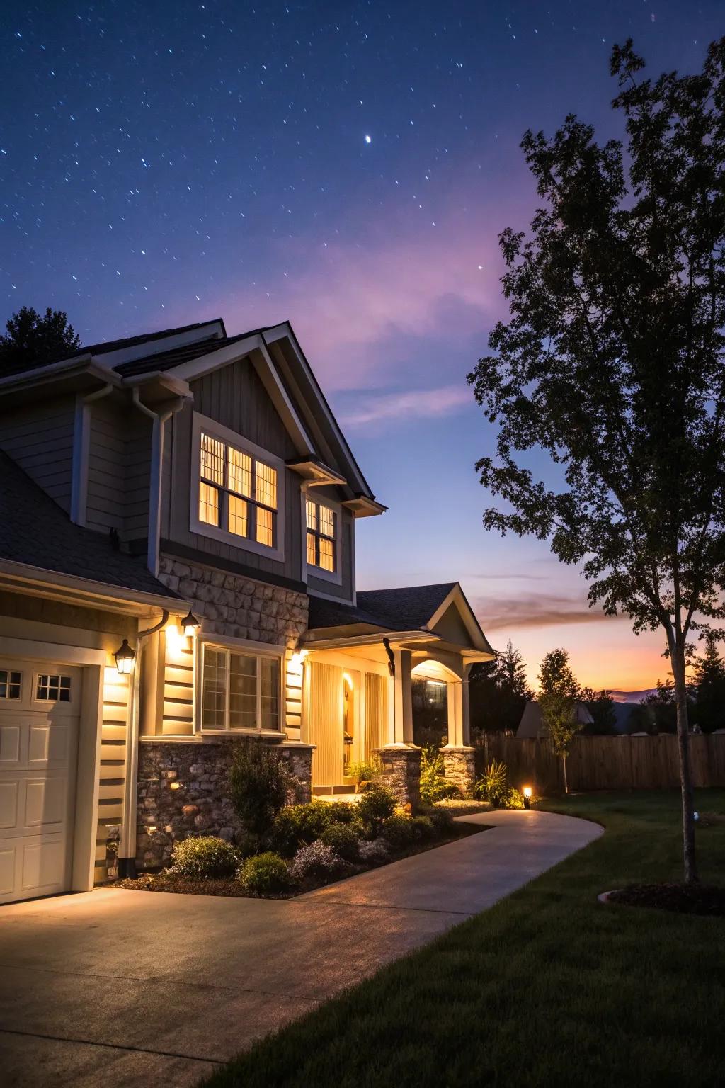Exterior illumination highlighting the architectural elegance of the residence