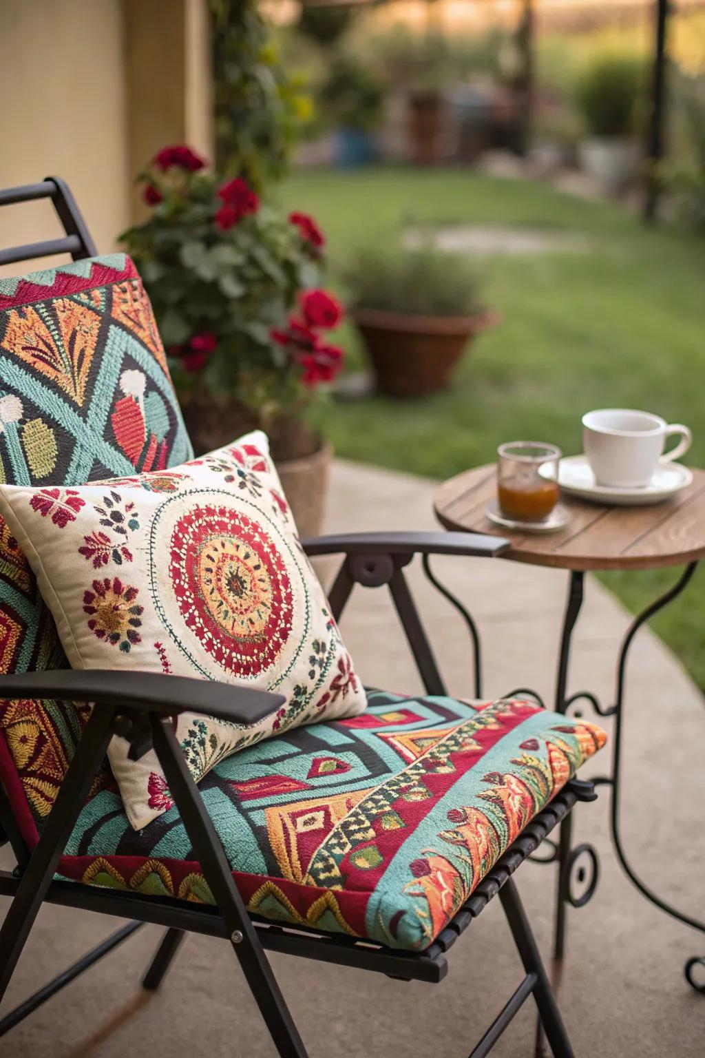 Bold cushions infuse personality and comfort into porch furniture.