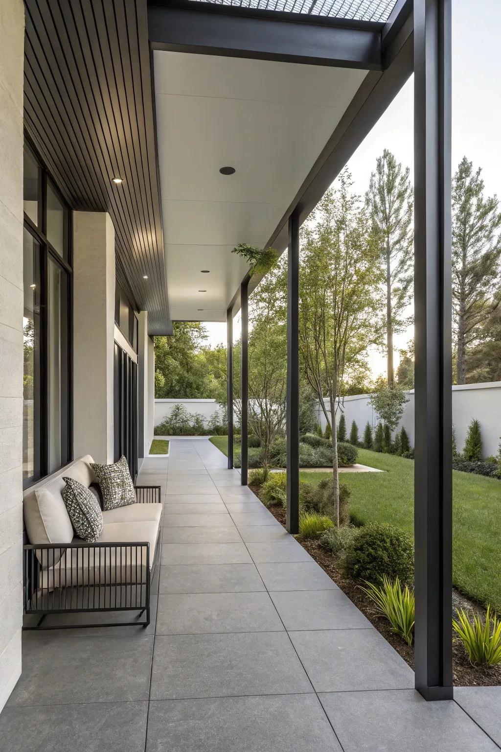 Metallic columns contribute a streamlined, modernistic finesse to your front porch.