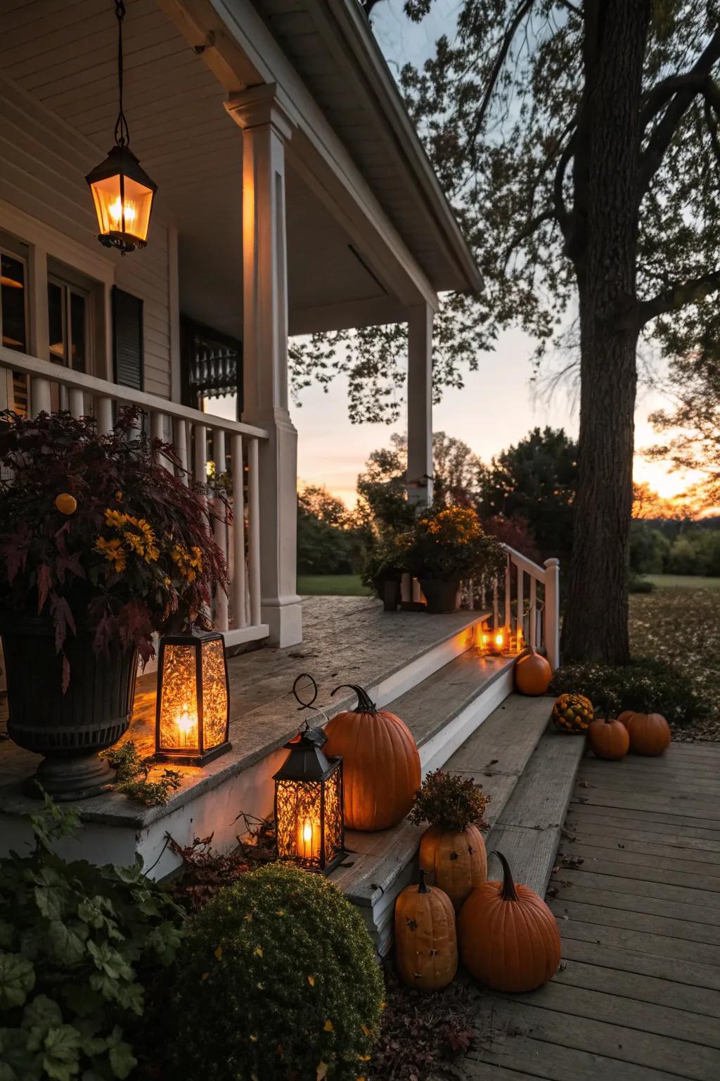 Lanterns contribute a warm radiance to nocturnal veranda exhibitions.