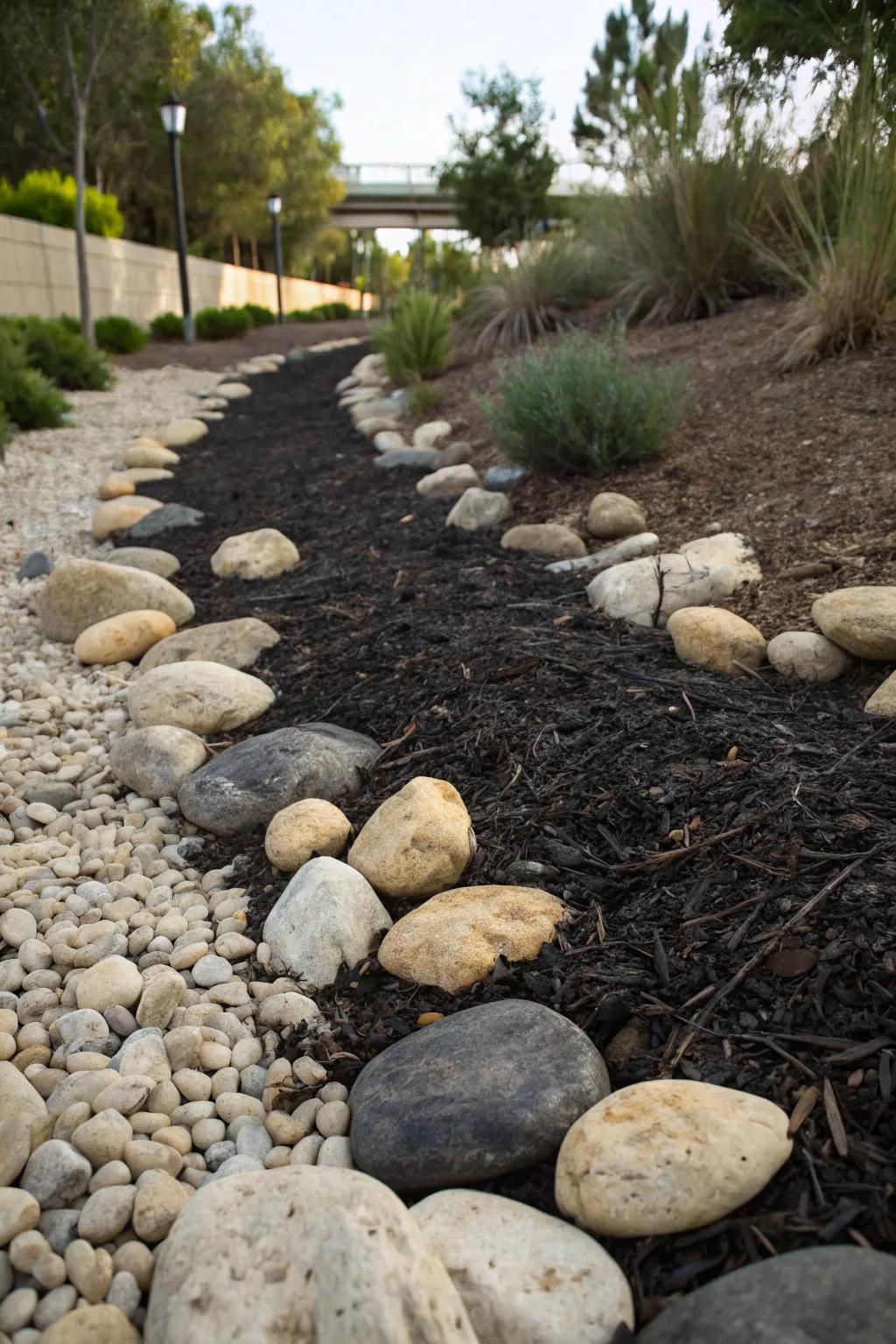 Create contrast between rocks and dark mulch for a stunning creek bed presentation.