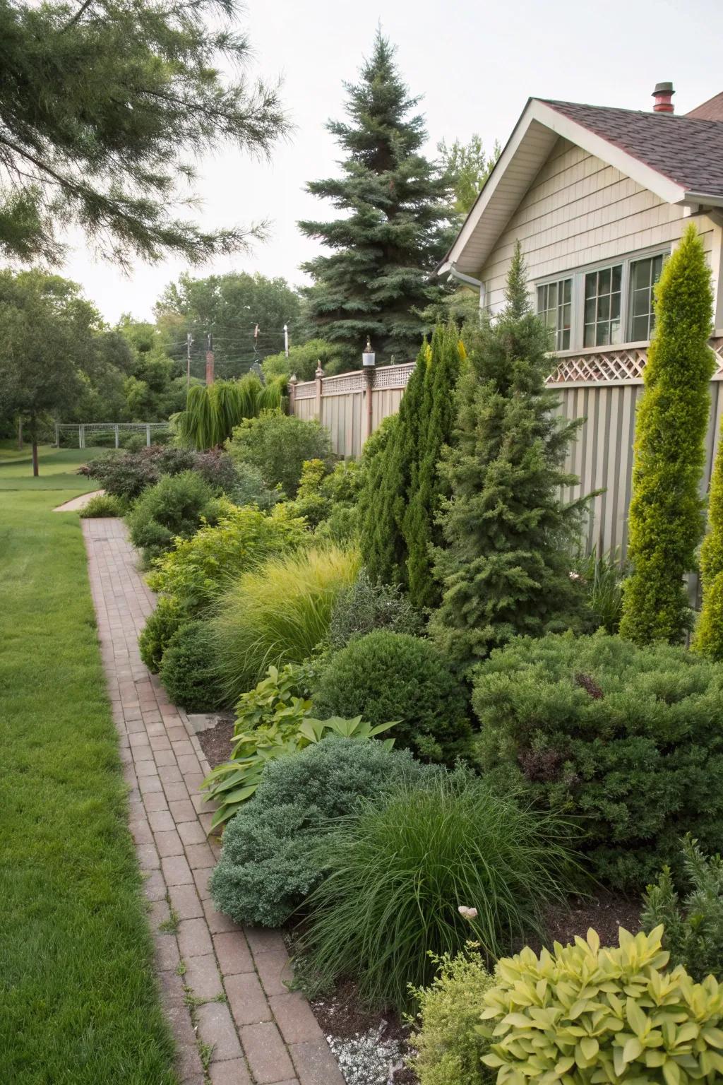 Layered evergreens add depth and dimension to the landscape.
