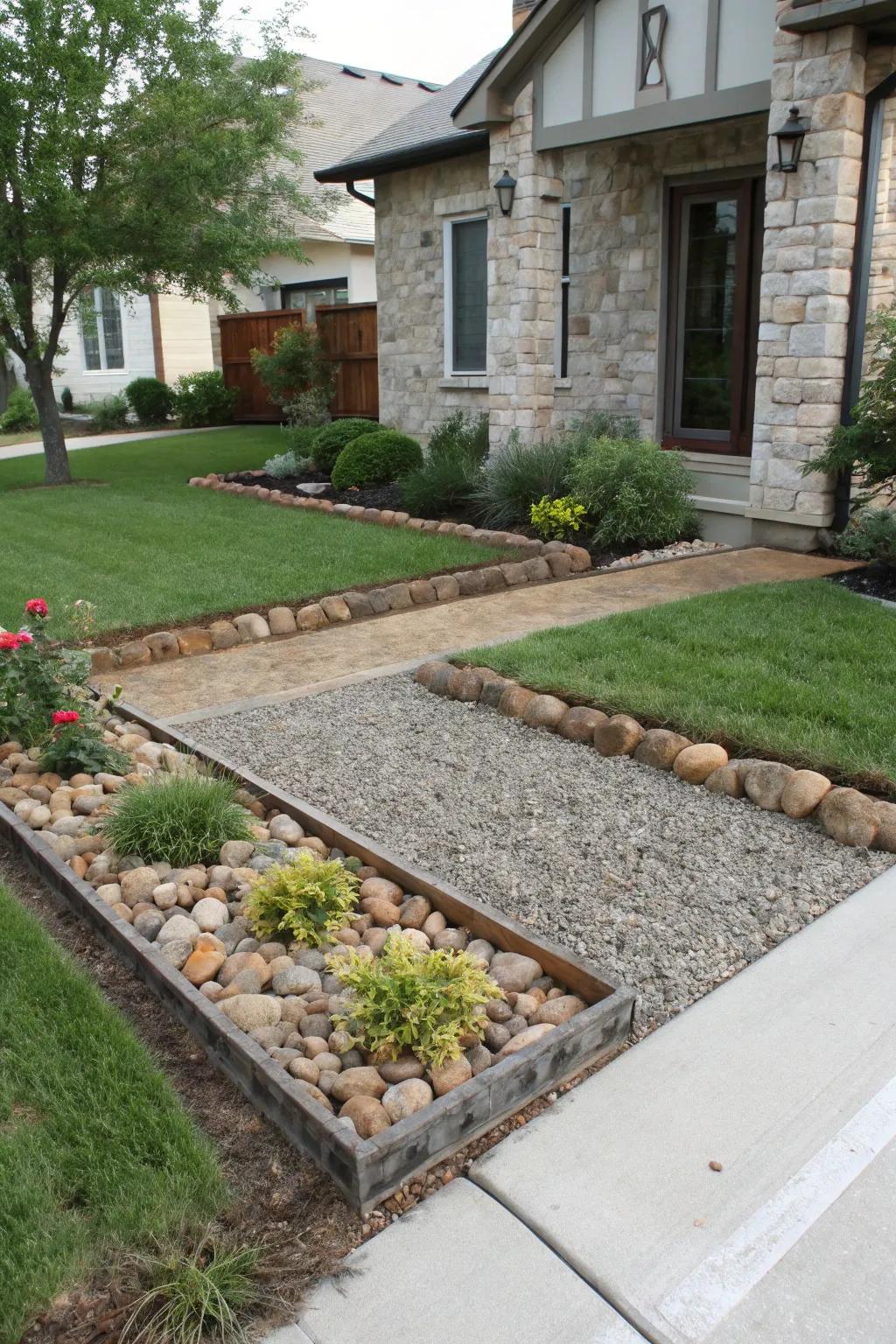 Clearly defined borders achieved with stones and metal edging create a polished, sophisticated appearance.