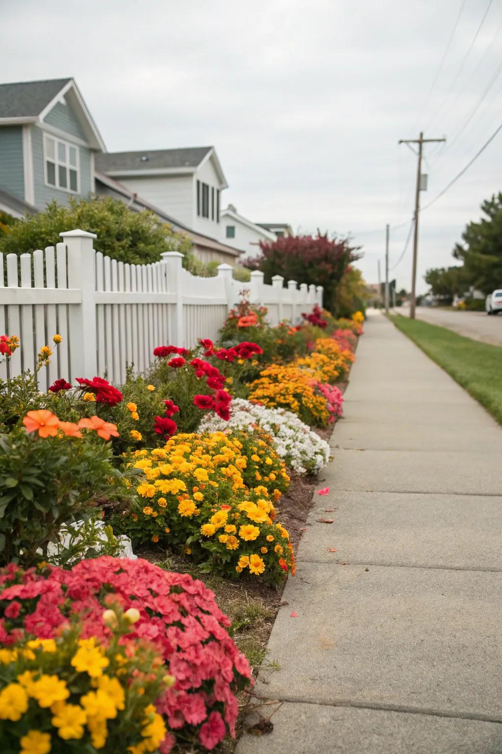 Floral beds infuse color and charm into a front garden walkway.