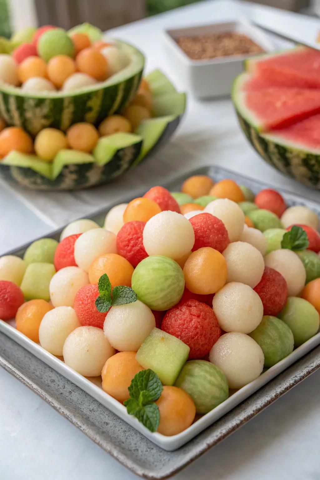 A collection of melon spheres introduces an element of amusement to any gathering.