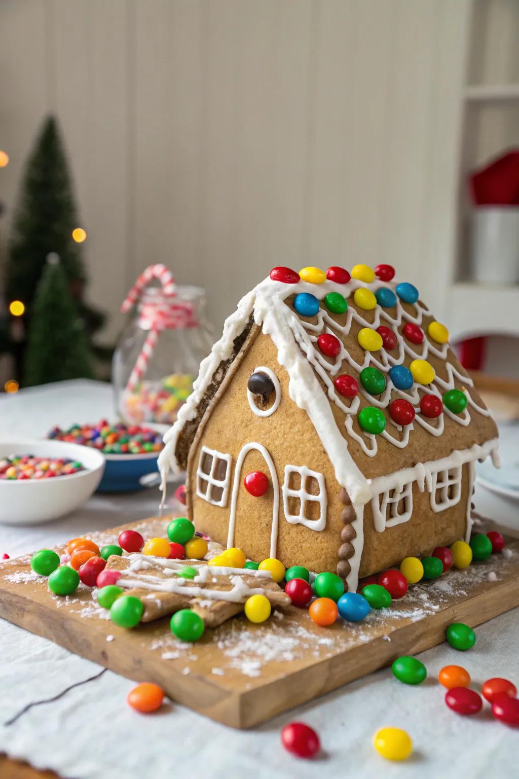 A candy-covered gingerbread house