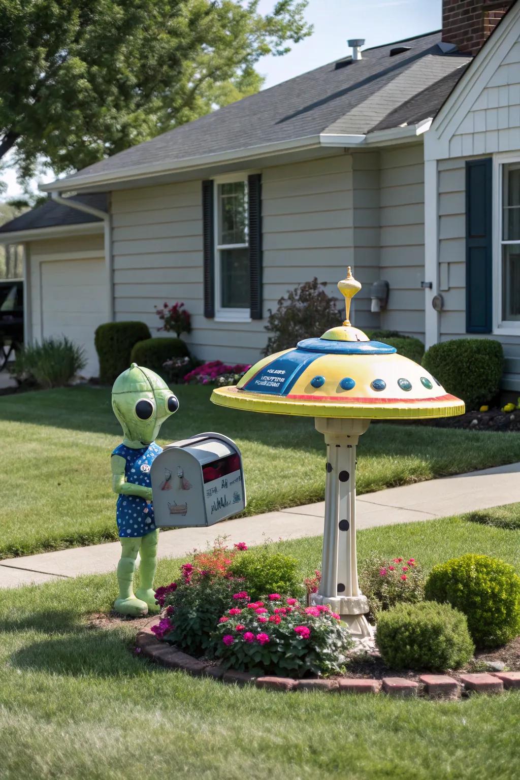 A spaceship mailbox poised for liftoff, complete with an extraterrestrial co-pilot.