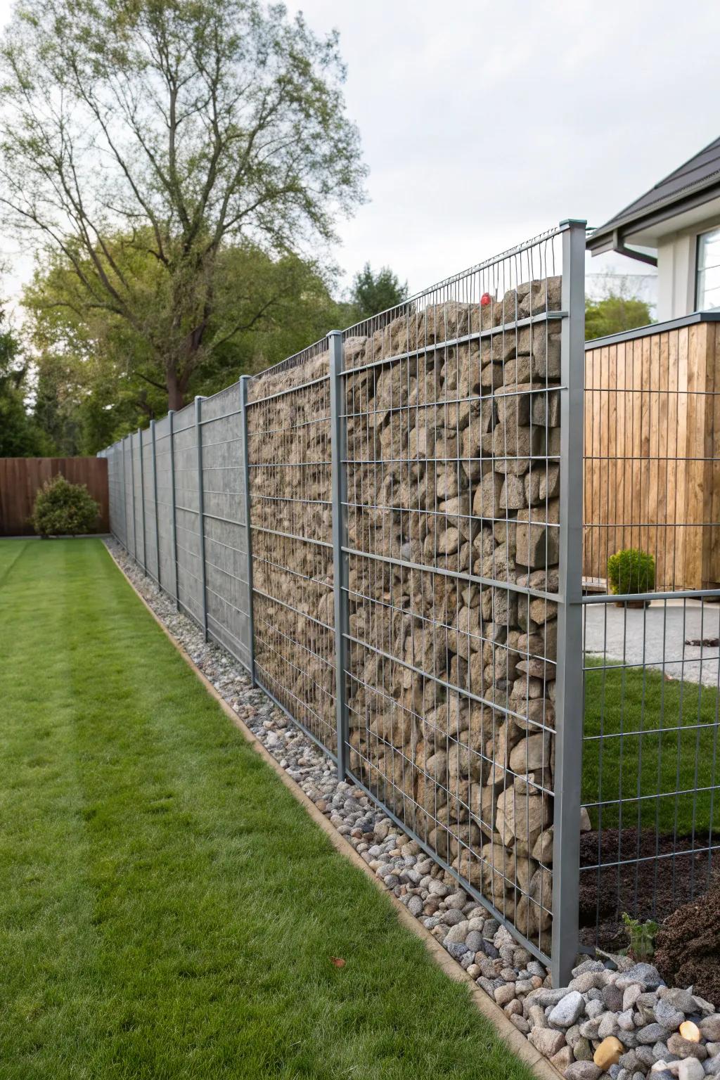Relish seclusion with an elegant gabion fence.