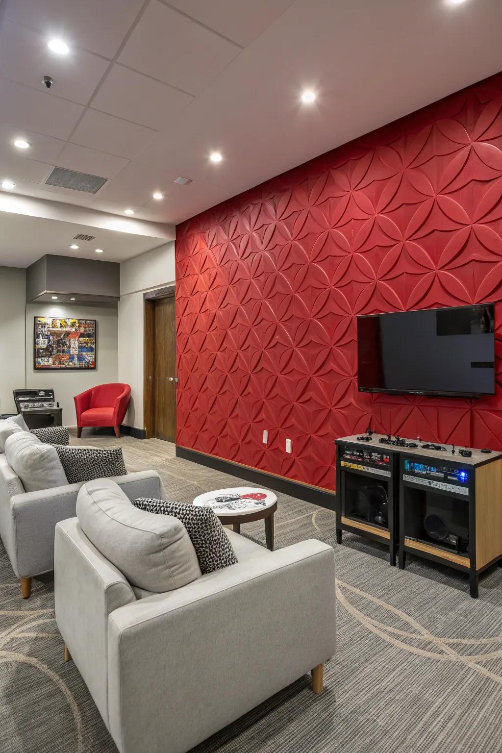 A crimson feature wall introduces excitement and boldness to your game room.