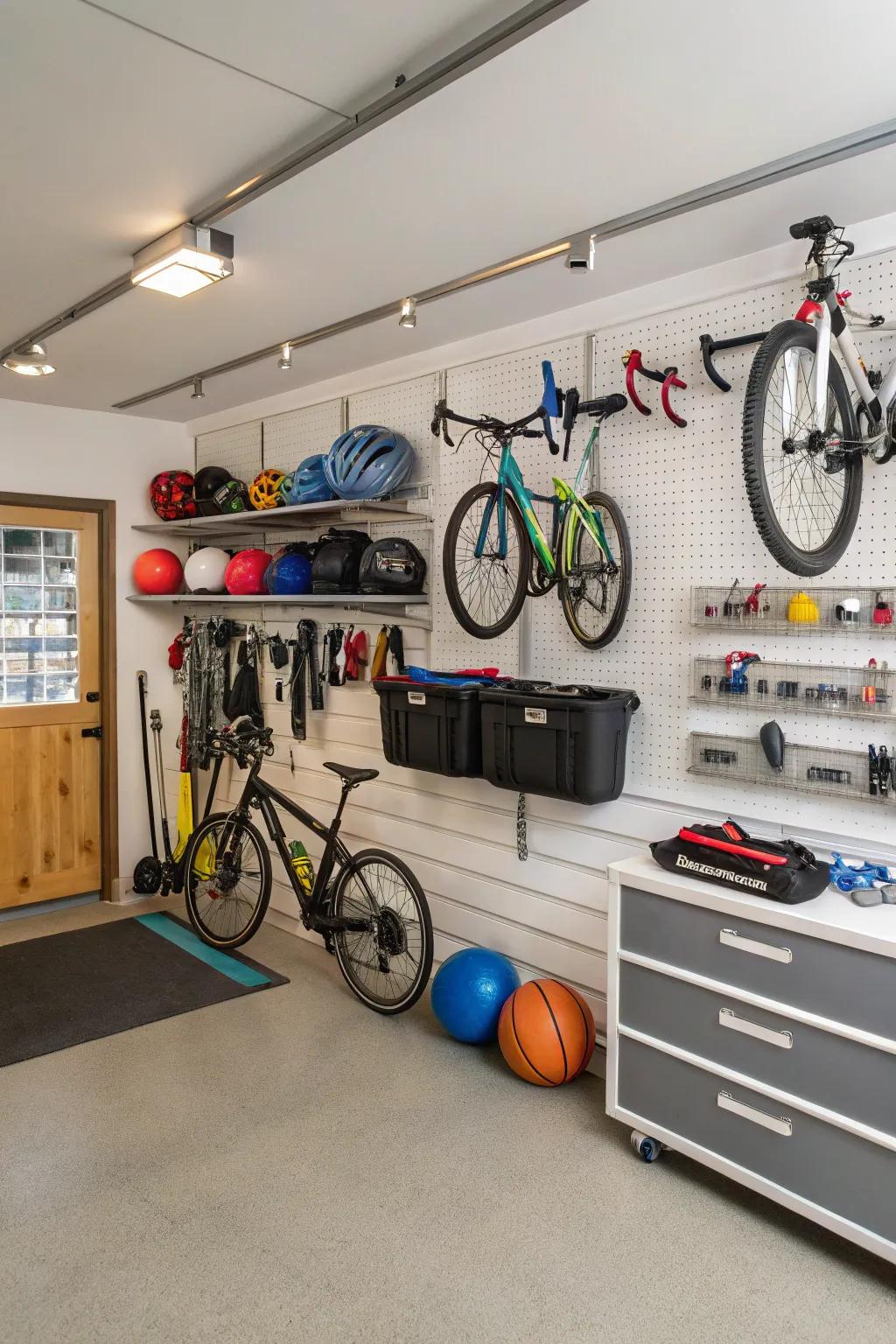 Overhead racks make the most of the garage's vertical space.