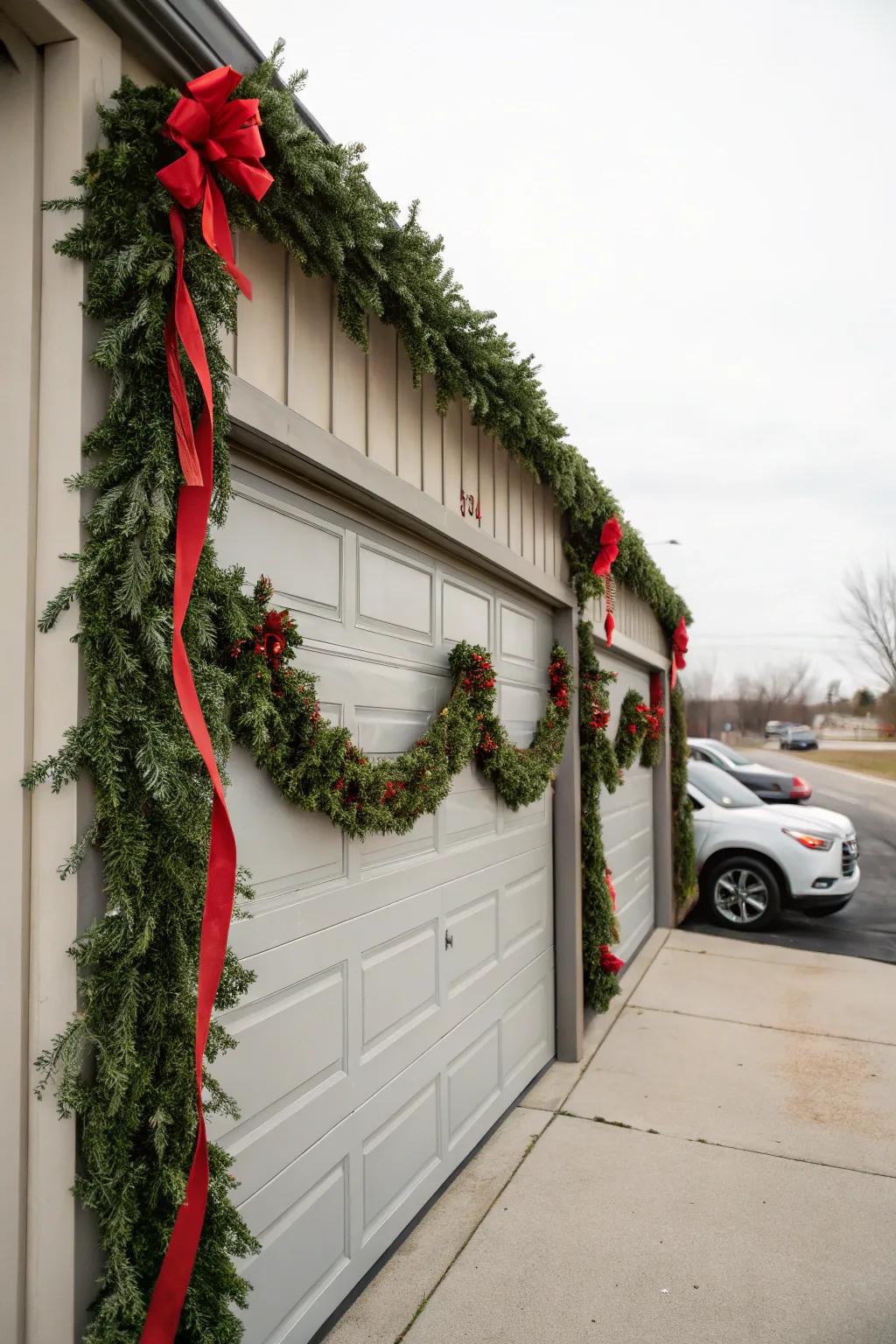 Garage door adorned with traditional garlands and red ribbons.