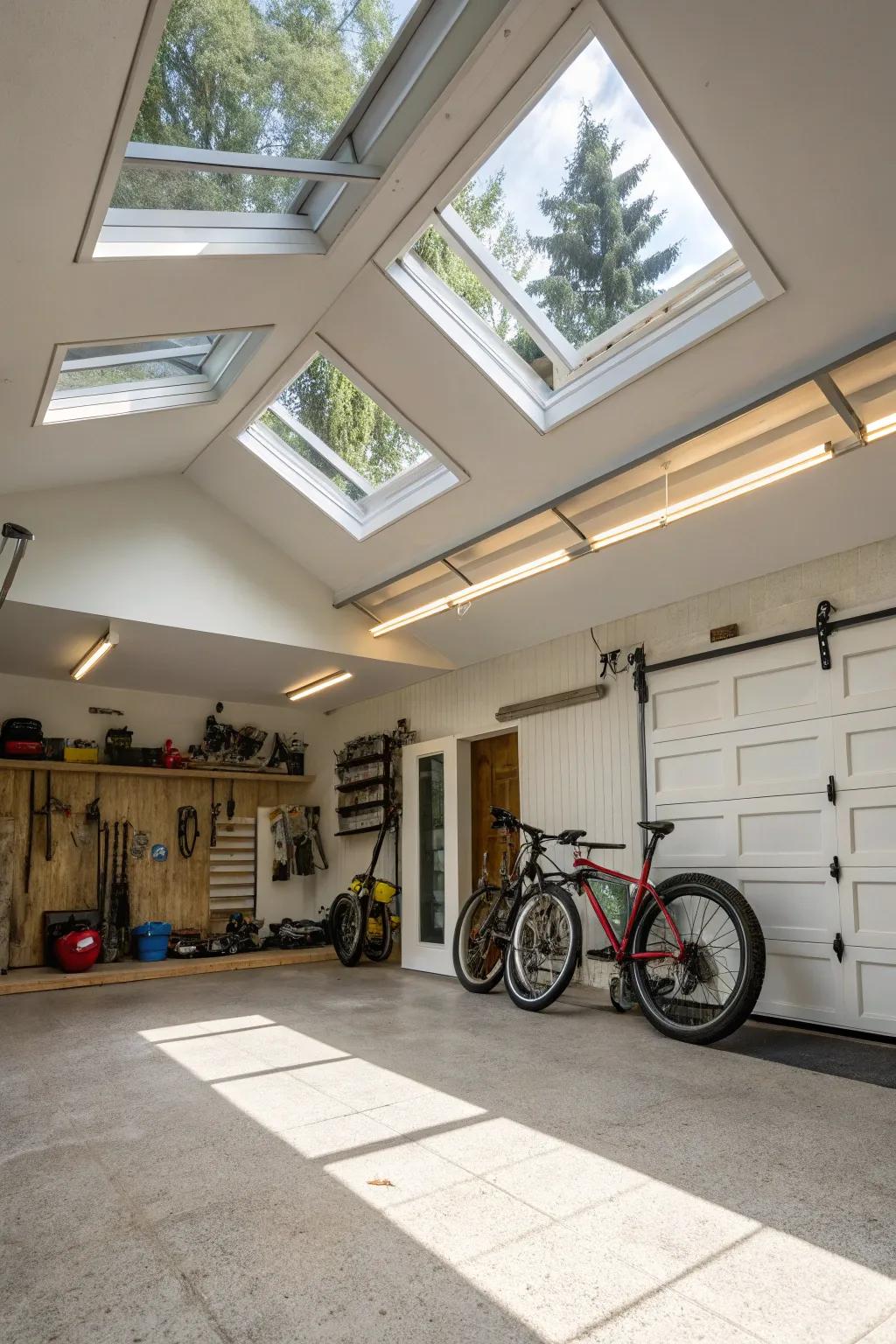 A sun-filled garage interior featuring strategically placed skylights.