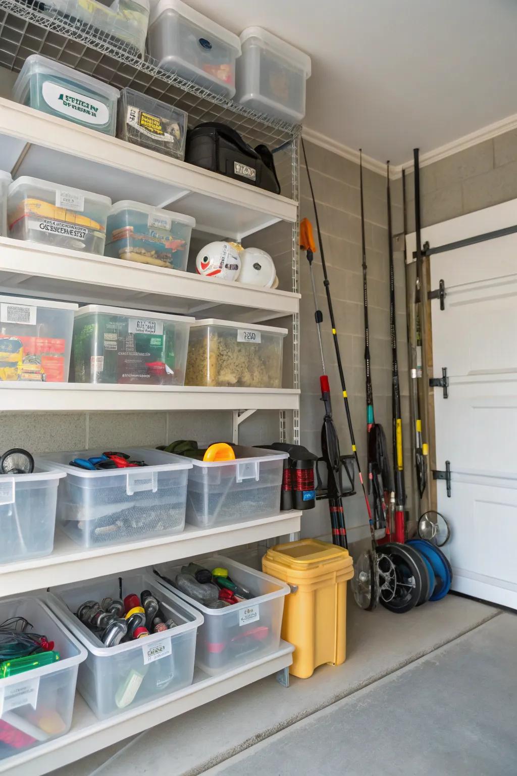 See-through storage containers simplify the process of identifying and accessing fishing gear in a busy garage.